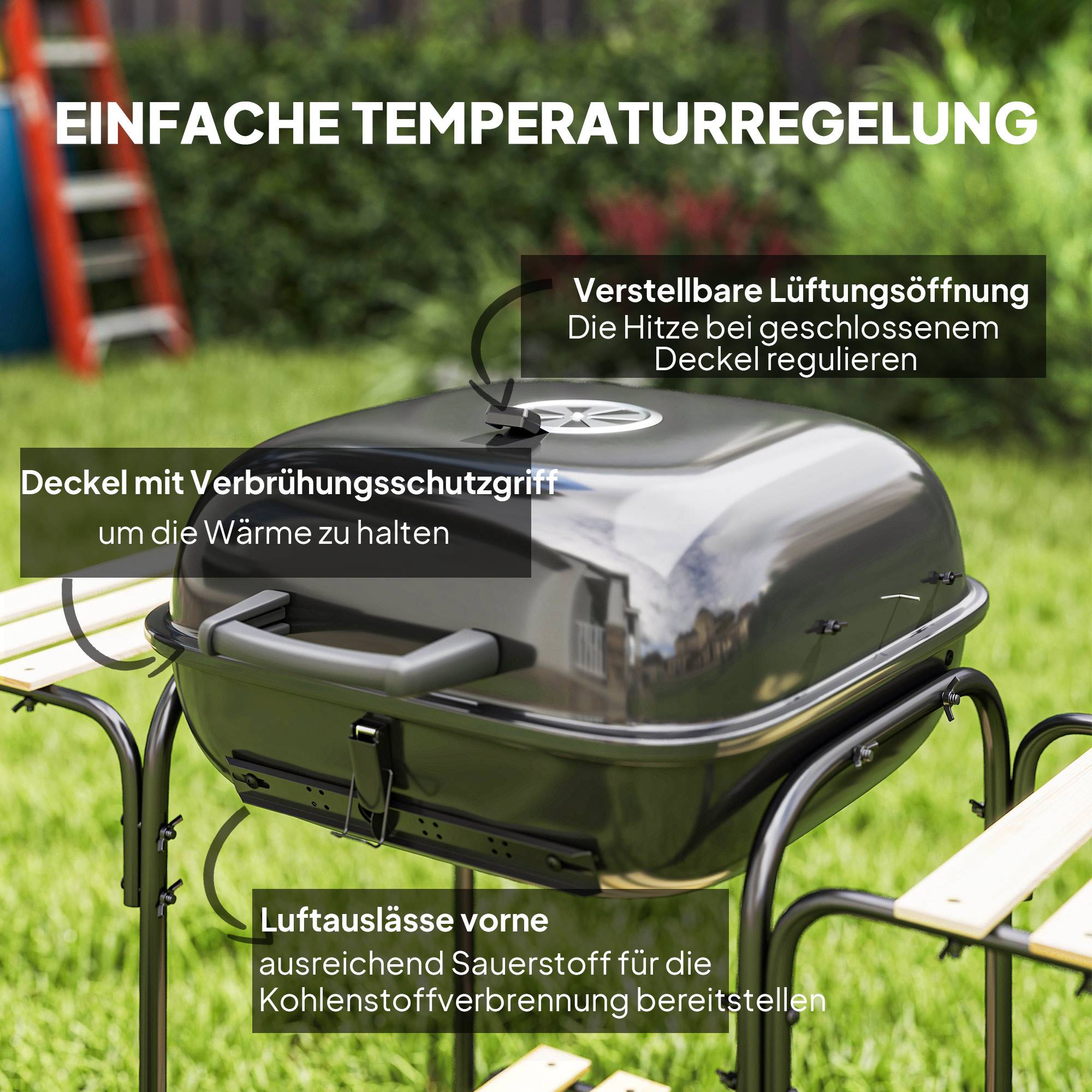 Barbecue à charbon en acier, chariot avec couvercle verrouillable, grille, roues, poignée et étagère bois, 98x54x91 cm, noir - Image 7