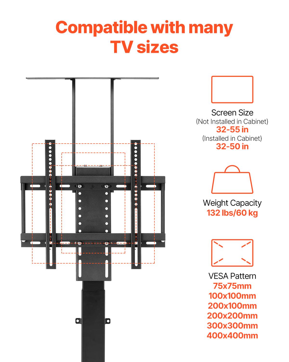VEVOR Support TV motorisé réglable charge 60kg, VESA 400x400mm, pour écrans 32-55" (hors/pendant armoire). - Image 3