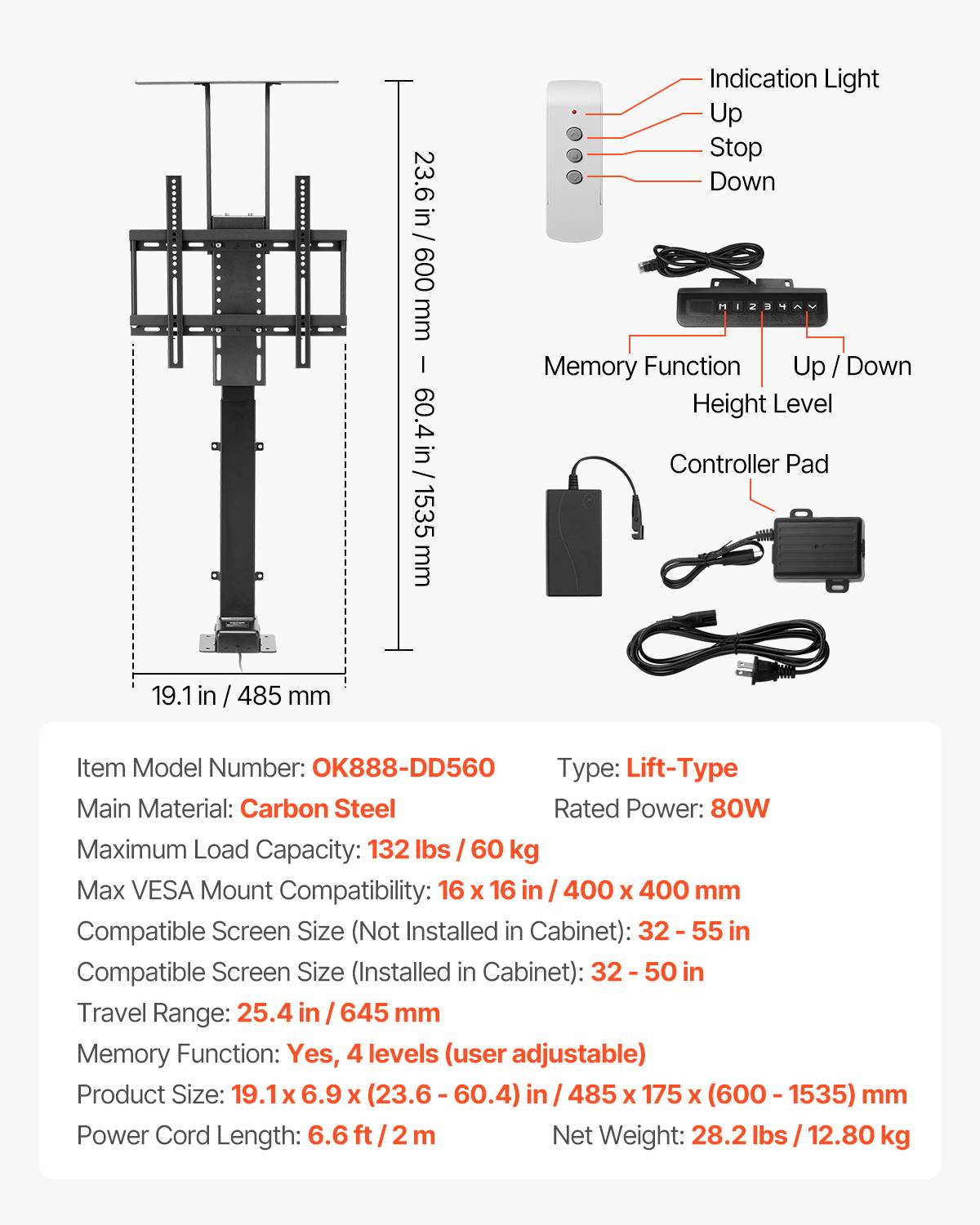 VEVOR Support TV motorisé réglable charge 60kg, VESA 400x400mm, pour écrans 32-55" (hors/pendant armoire). - Image 7