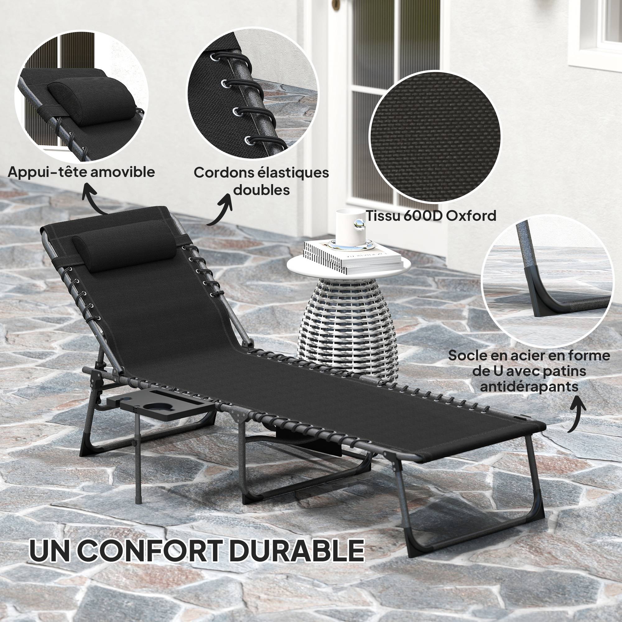 Sans Marque - Bain de soleil pliante dossier réglable sur 5 niveaux, plateau, appuie-tête, poche latérale 60 x 190 x 31 cm, noir - Image 7