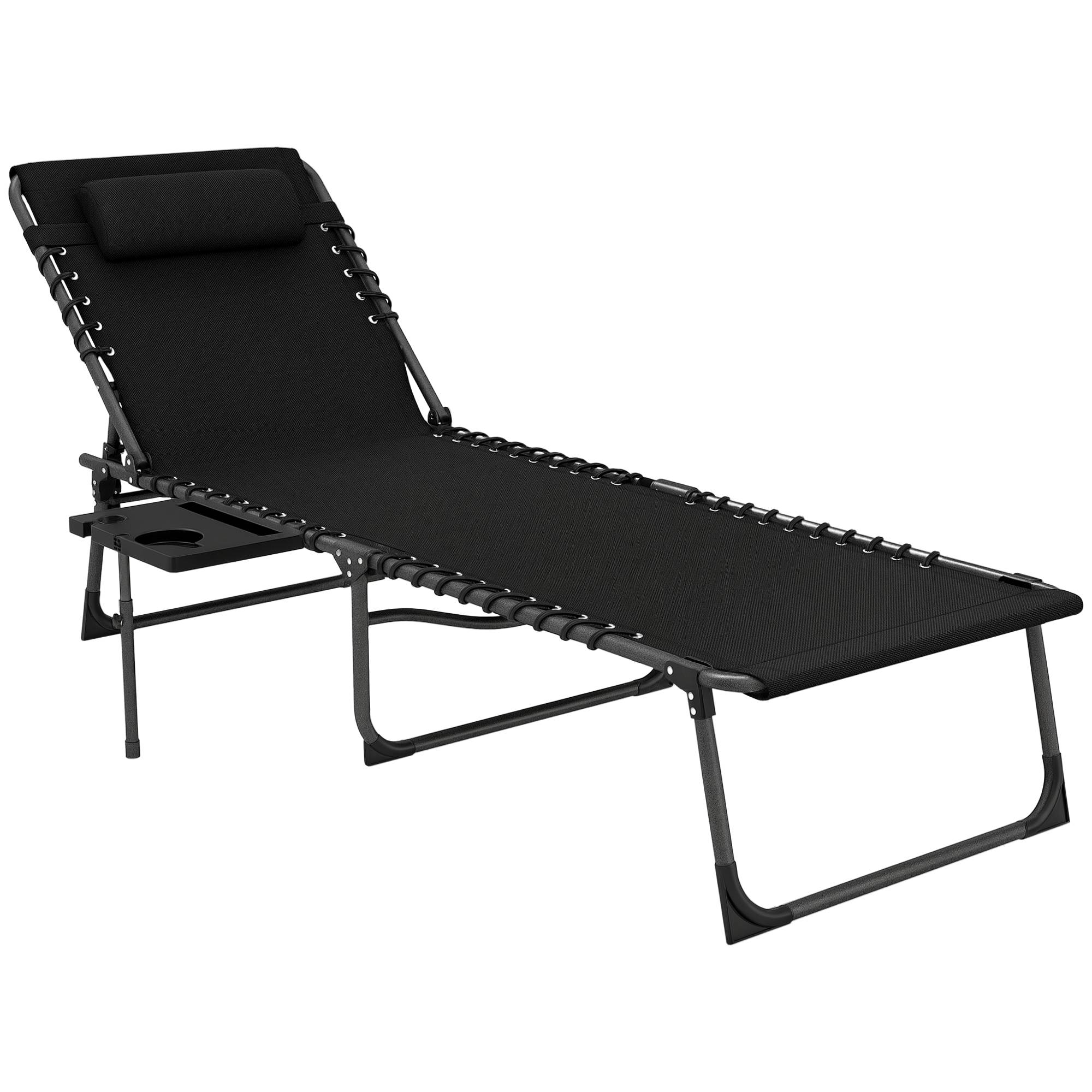 Sans Marque - Bain de soleil pliante dossier réglable sur 5 niveaux, plateau, appuie-tête, poche latérale 60 x 190 x 31 cm, noir - Image 1