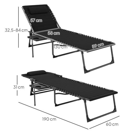 Sans Marque - Bain de soleil pliante dossier réglable sur 5 niveaux, plateau, appuie-tête, poche latérale 60 x 190 x 31 cm, noir - Image 5