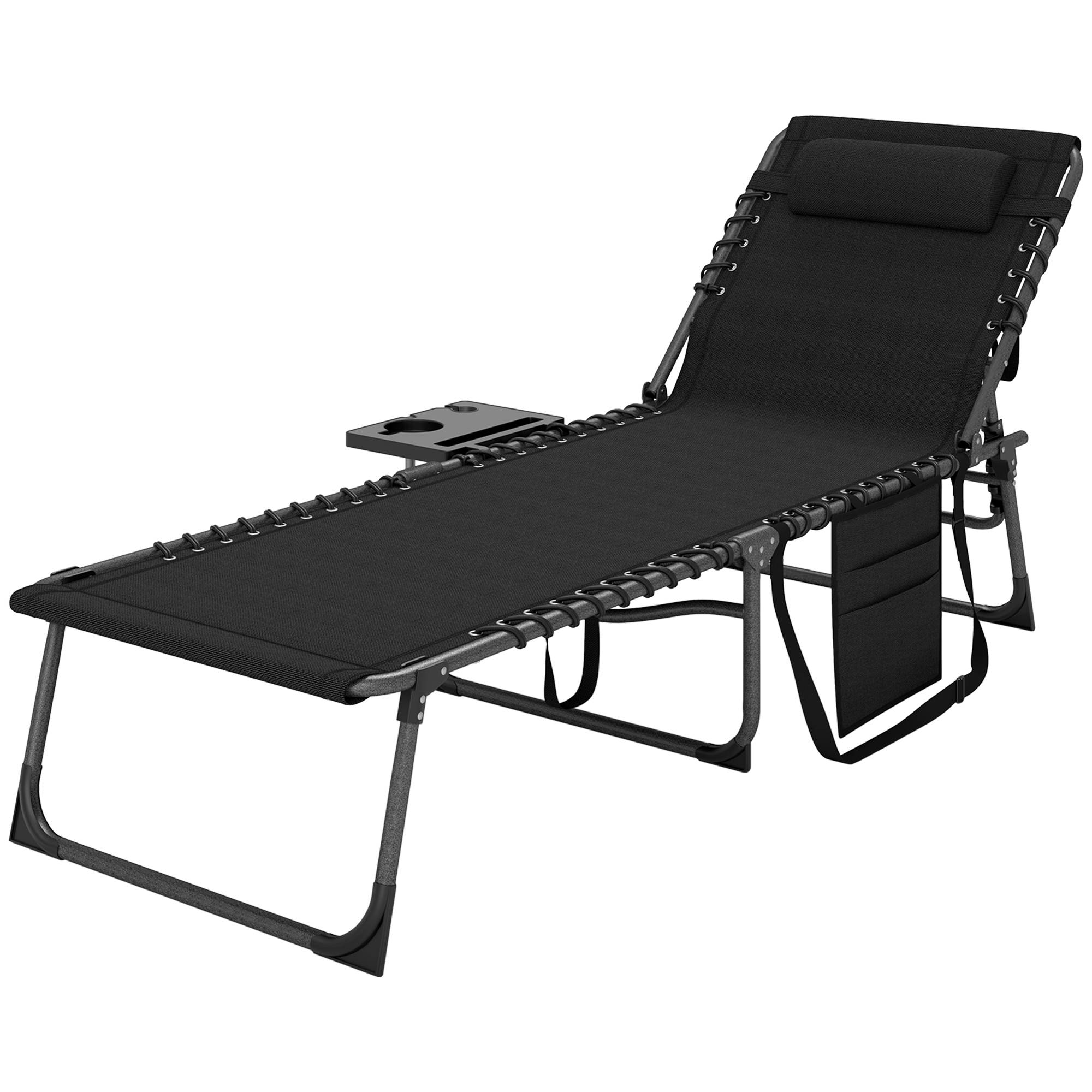 Sans Marque - Bain de soleil pliante dossier réglable sur 5 niveaux, plateau, appuie-tête, poche latérale 60 x 190 x 31 cm, noir - Image 2