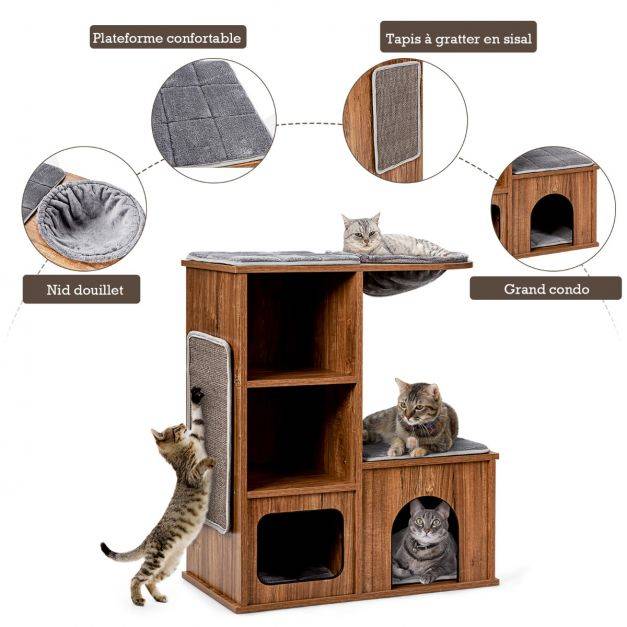 Helloshop26 - Arbre à chat avec 3 etagères en bois avec griffoirs et coussins niche centre d'activités charge 20 kg pour chat chaton - Imagen 2