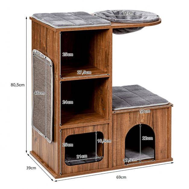 Helloshop26 - Arbre à chat avec 3 etagères en bois avec griffoirs et coussins niche centre d'activités charge 20 kg pour chat chaton - Imagen 4