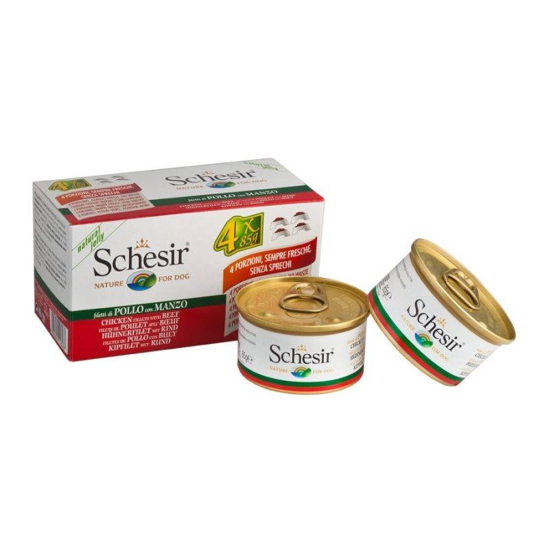 Schesir - Pâtée en gelée Poulet/Boeuf chien (boite 4x85g) - SCHESIR