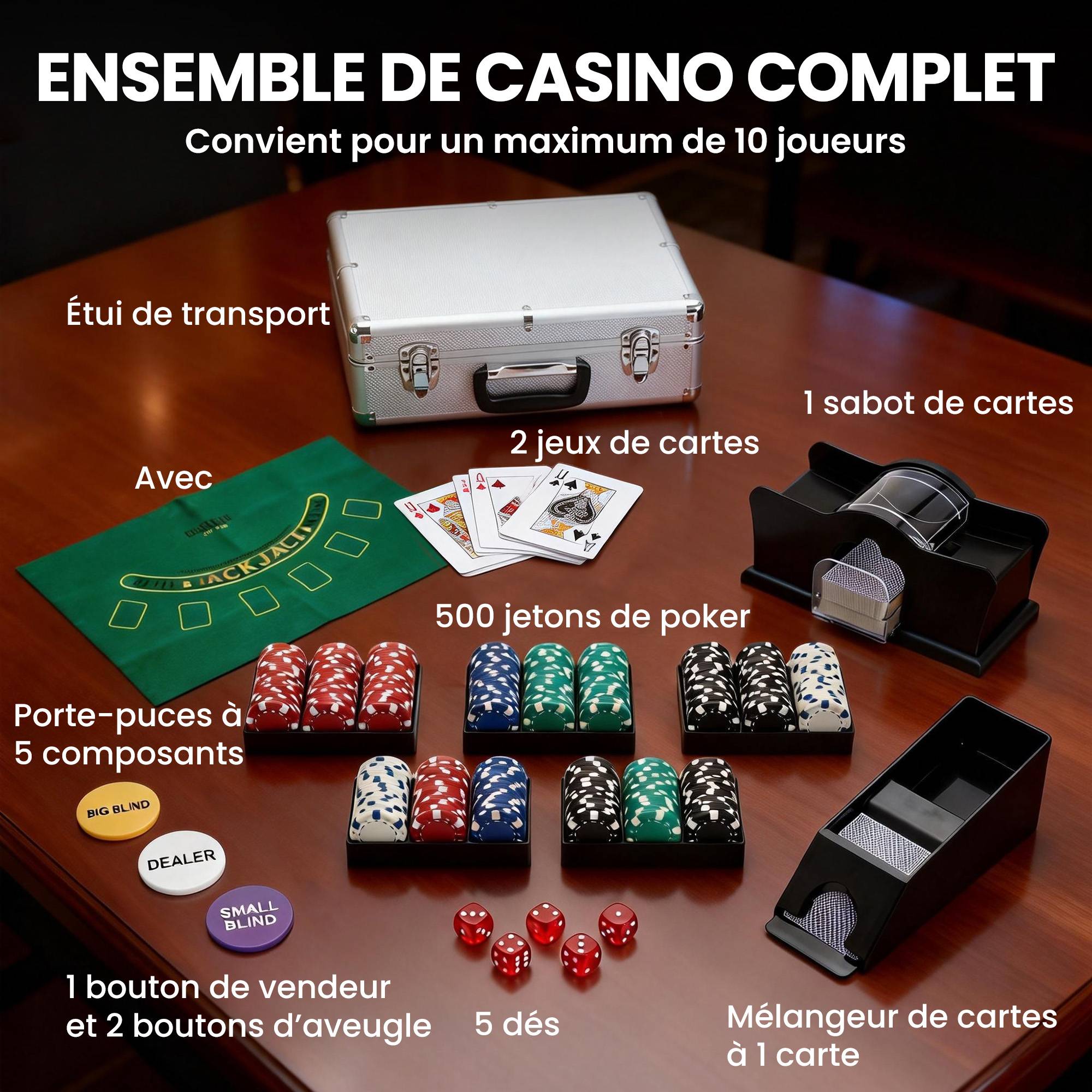 Mallette de poker coffret de poker complet 500 jetons, boîtier en ABS, cartes à jouer, dés, dealer, tapis, clés - Image 6