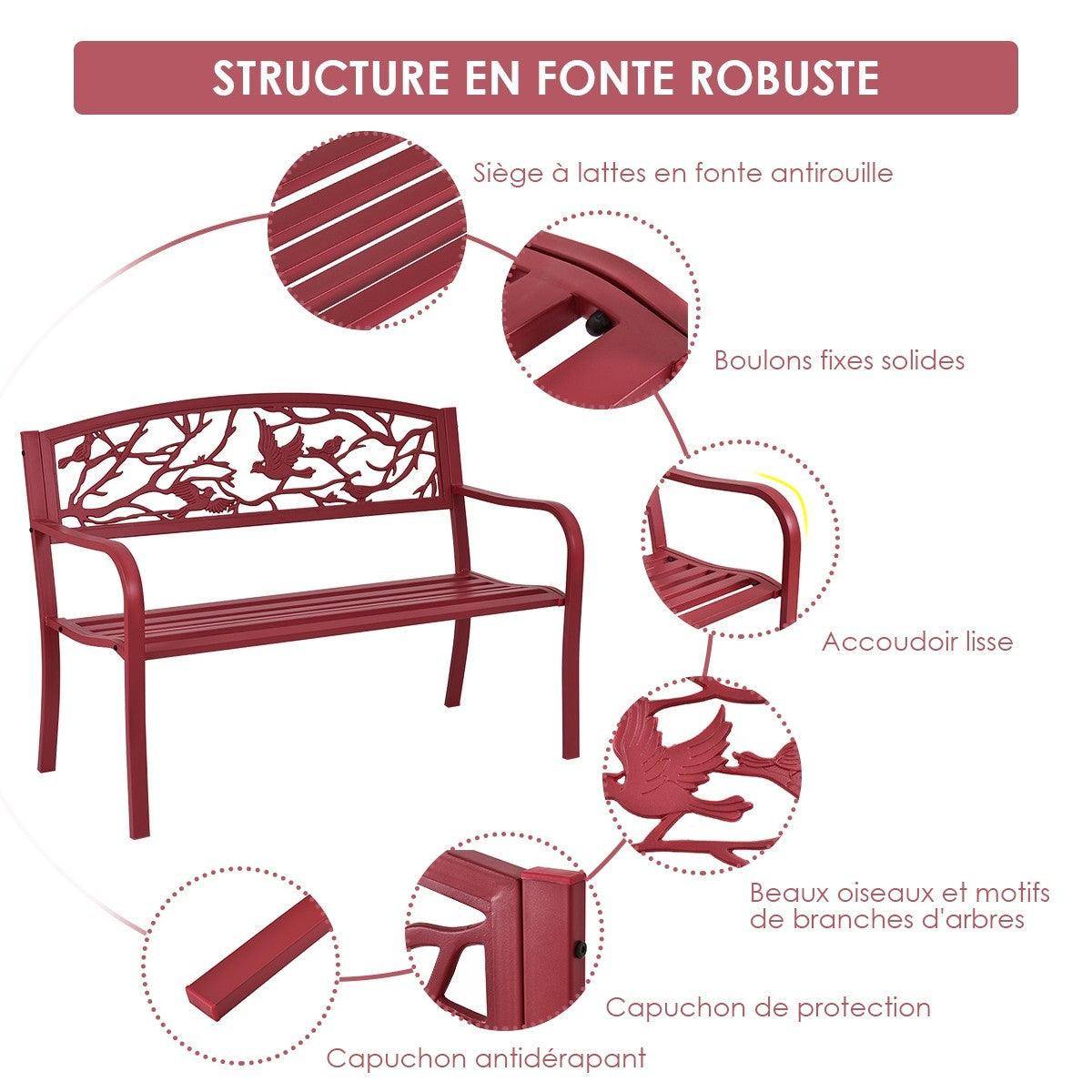 Helloshop26 - Banc de jardin en fer résistant style contemporain 2-3 places rouge - Imagen 3