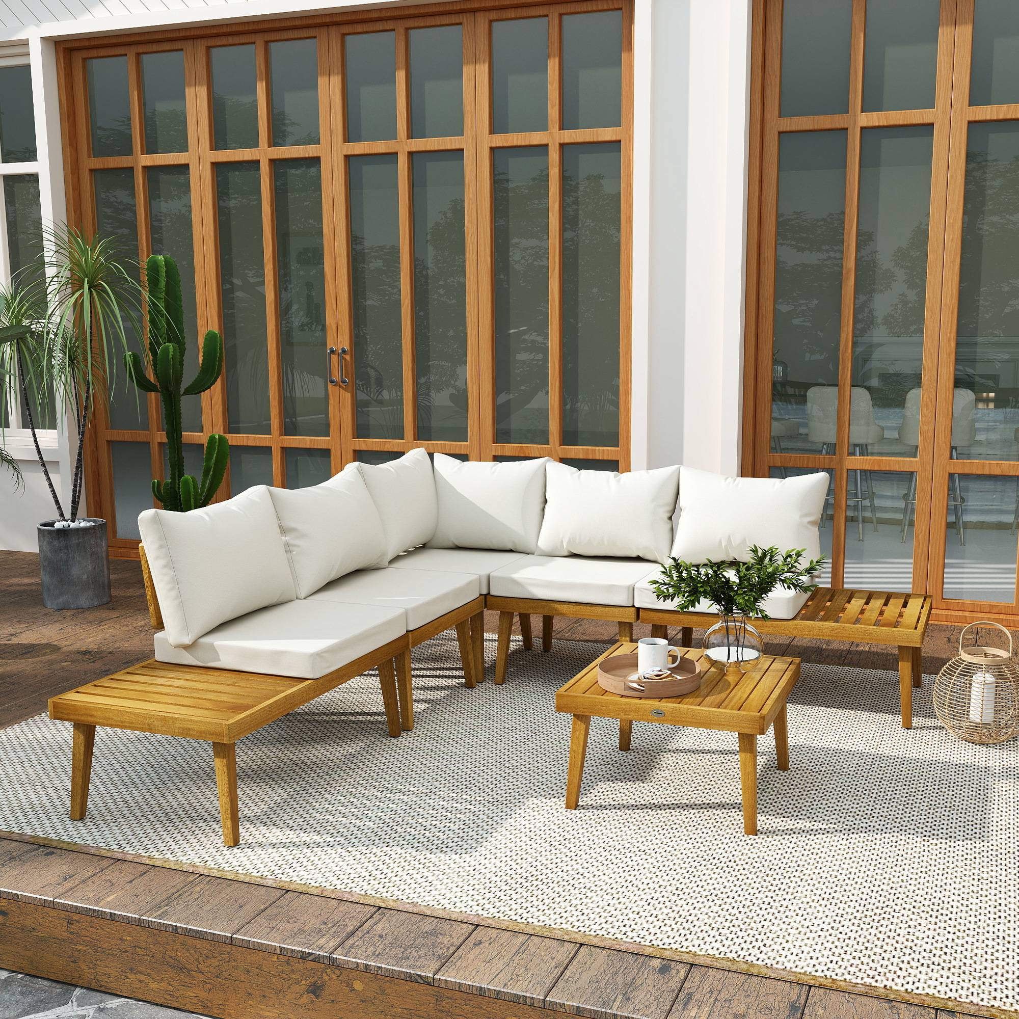 Outsunny - Salon de jardin d'angle 5 places en bois d'acacia avec table basse et tablettes latérales coussins crème - Image 4