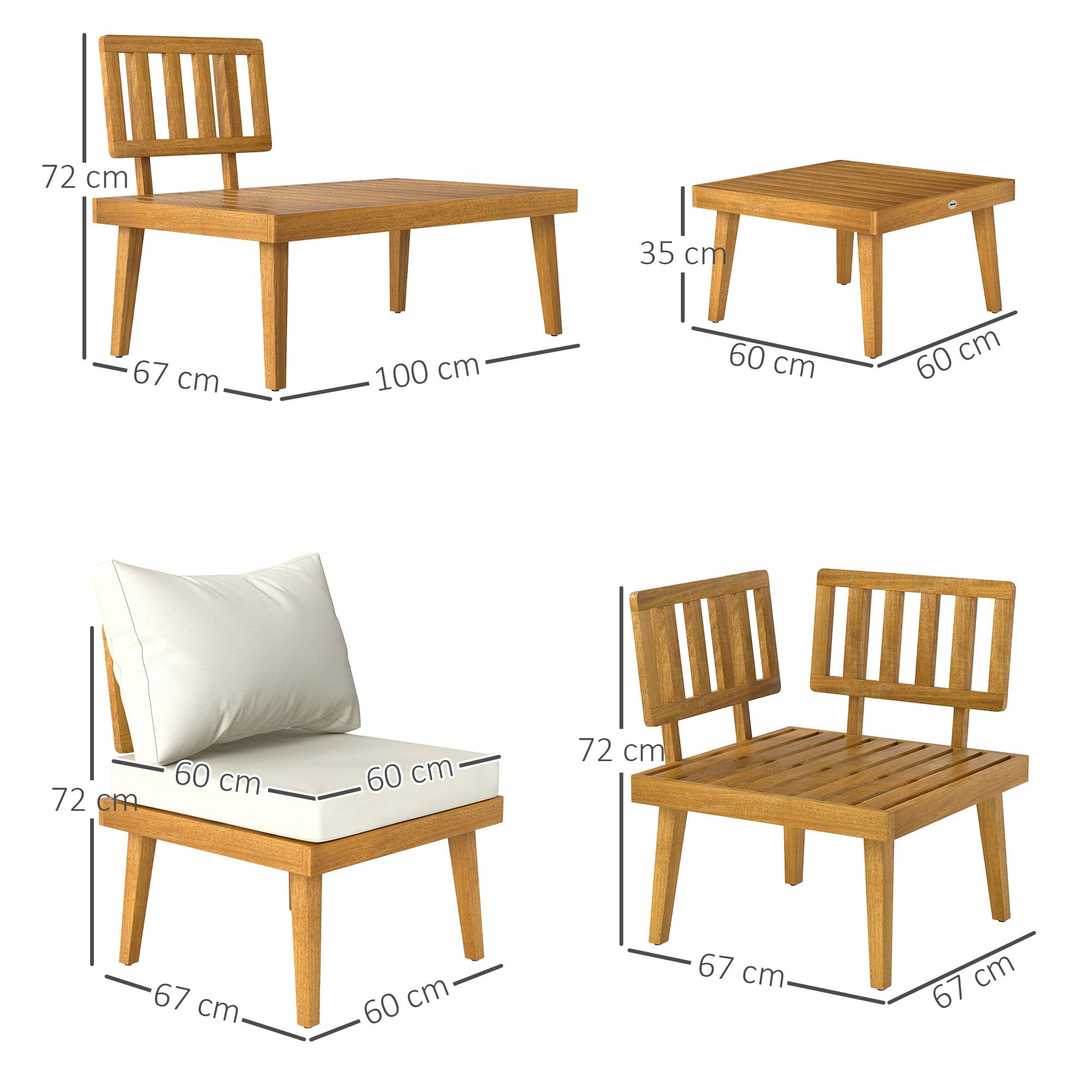 Outsunny - Salon de jardin d'angle 5 places en bois d'acacia avec table basse et tablettes latérales coussins crème - Image 3