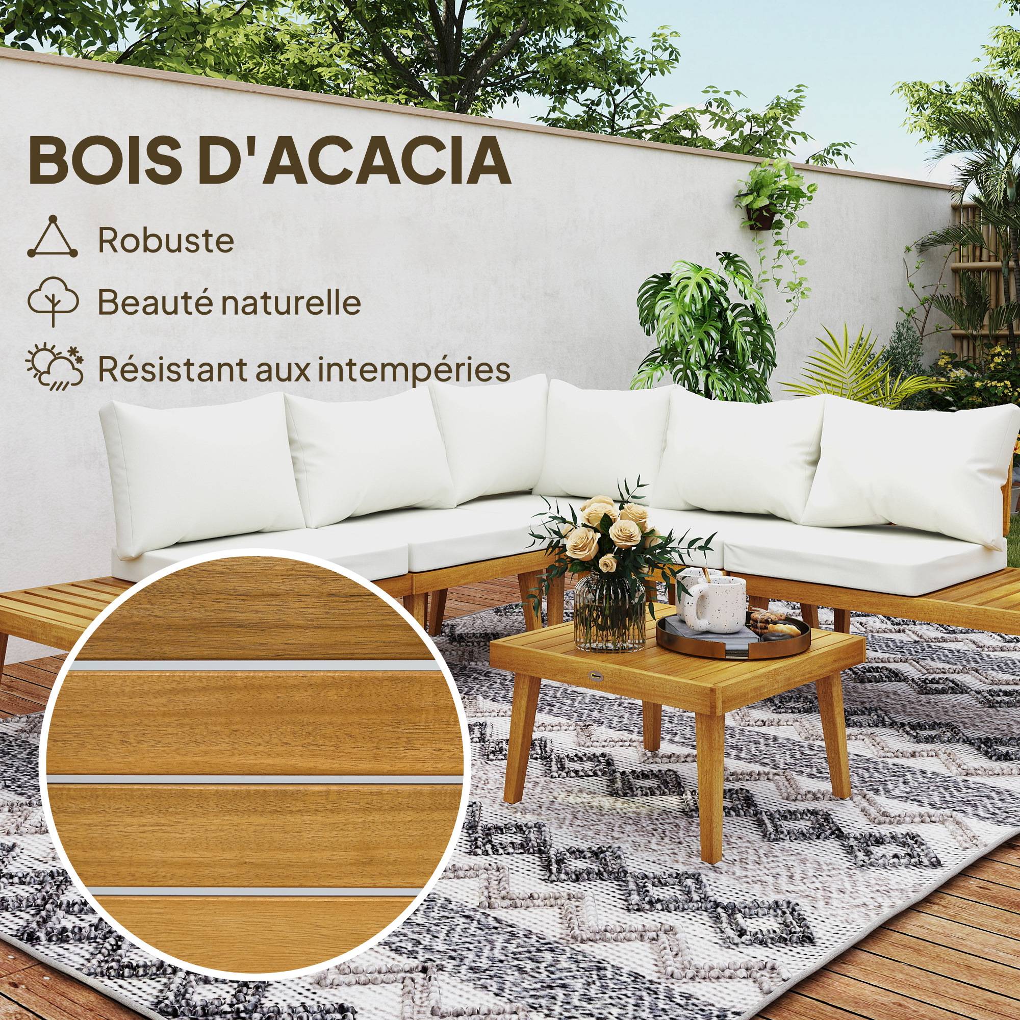 Outsunny - Salon de jardin d'angle 5 places en bois d'acacia avec table basse et tablettes latérales coussins crème - Image 6