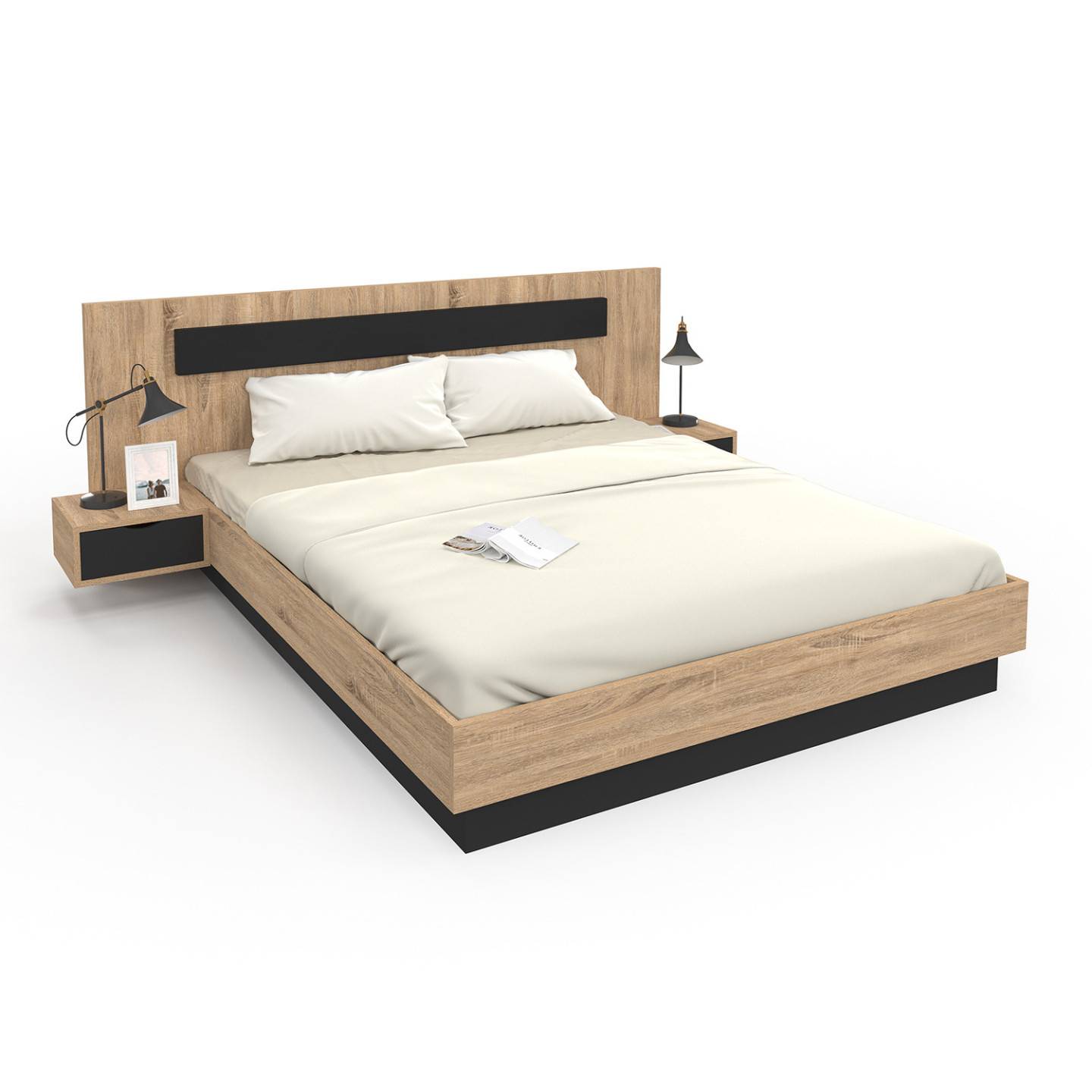 Lit double SANTA avec tête de lit + tables de chevet intégrées et sommier 160 x 200 cm bois et noir - Image 2