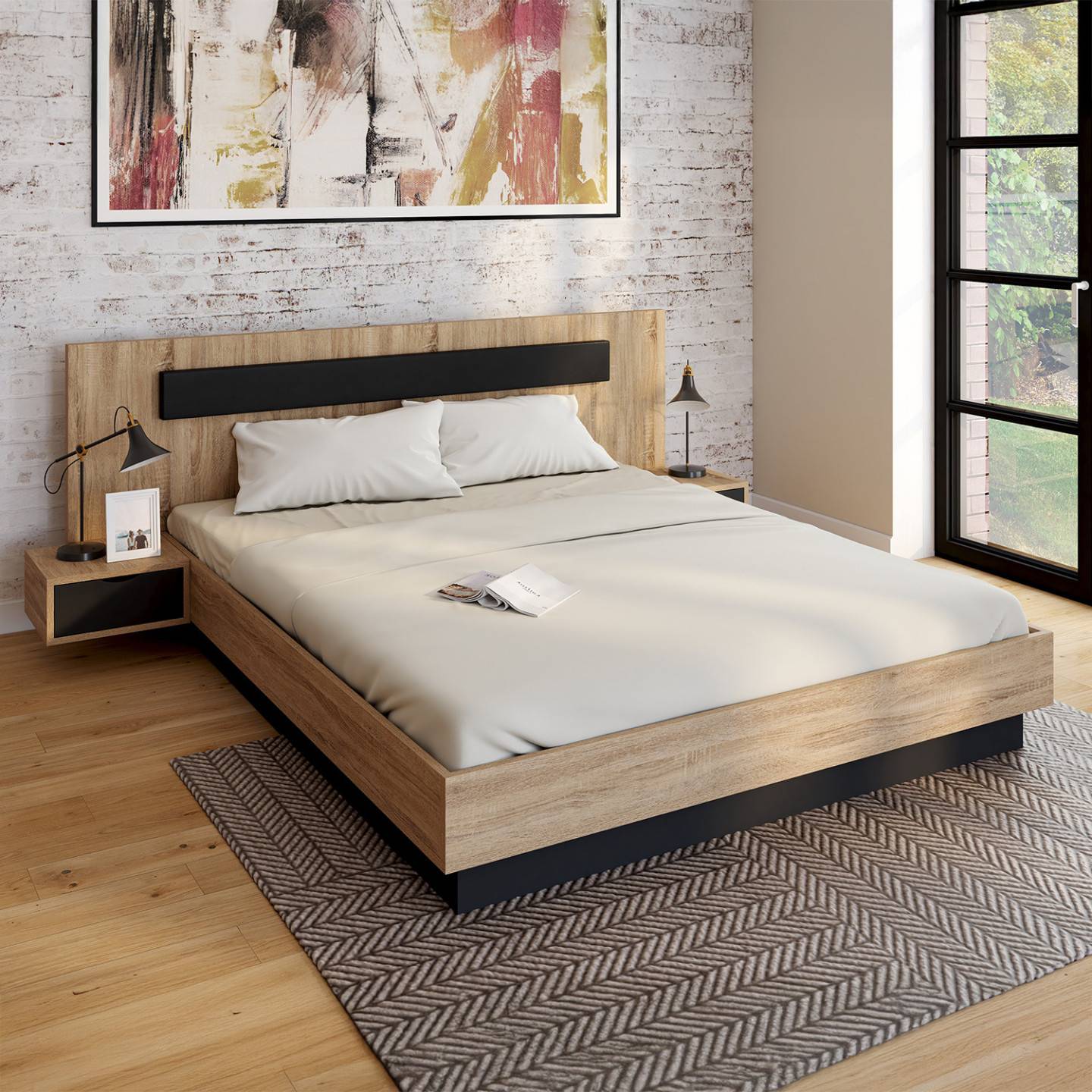 Lit double SANTA avec tête de lit + tables de chevet intégrées et sommier 160 x 200 cm bois et noir - Image 1