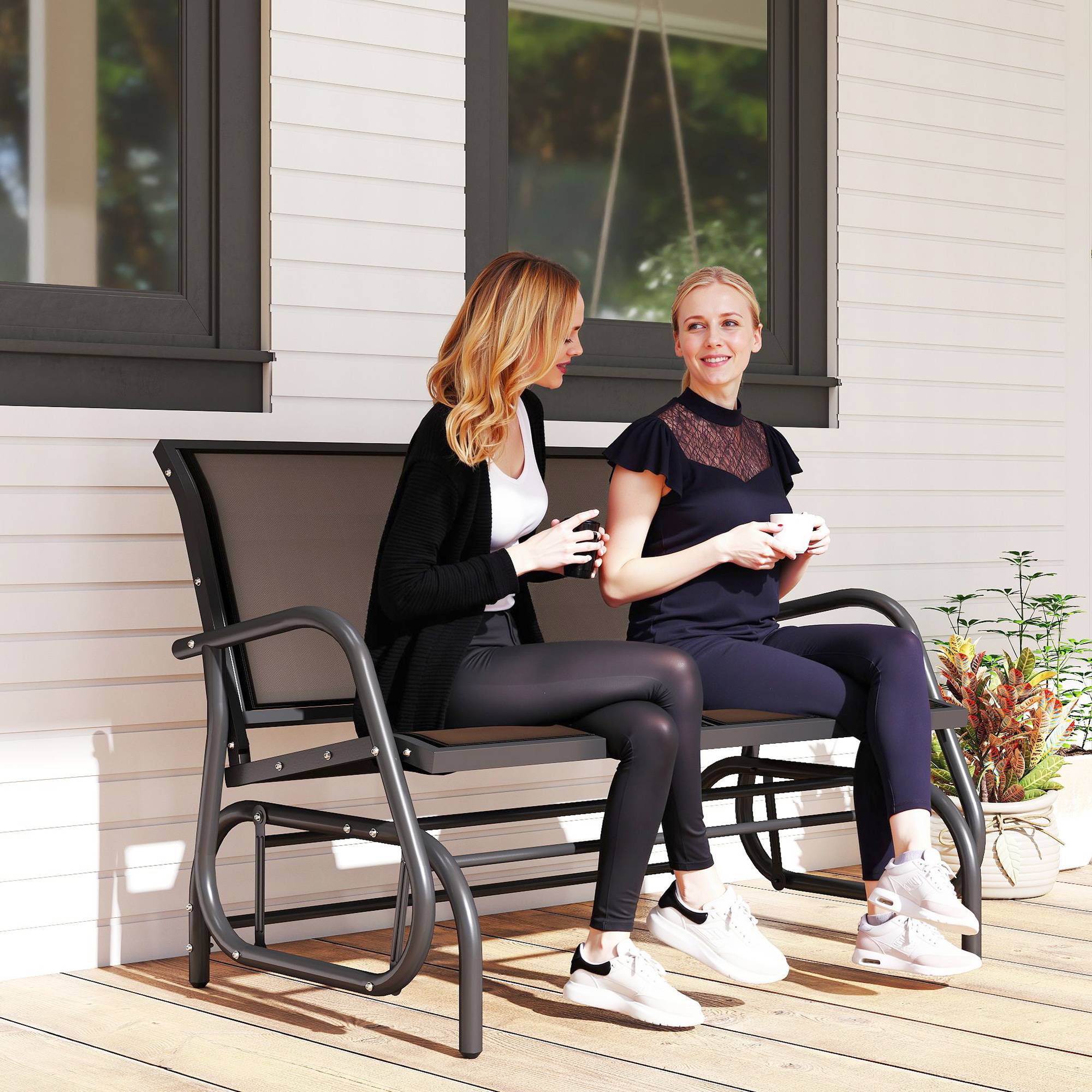 Banc à Bascule de Jardin 2 Places Design Contemporain Grand Confort accoudoirs Assise et Dossier Ergonomique métal textilène Noir - Image 4