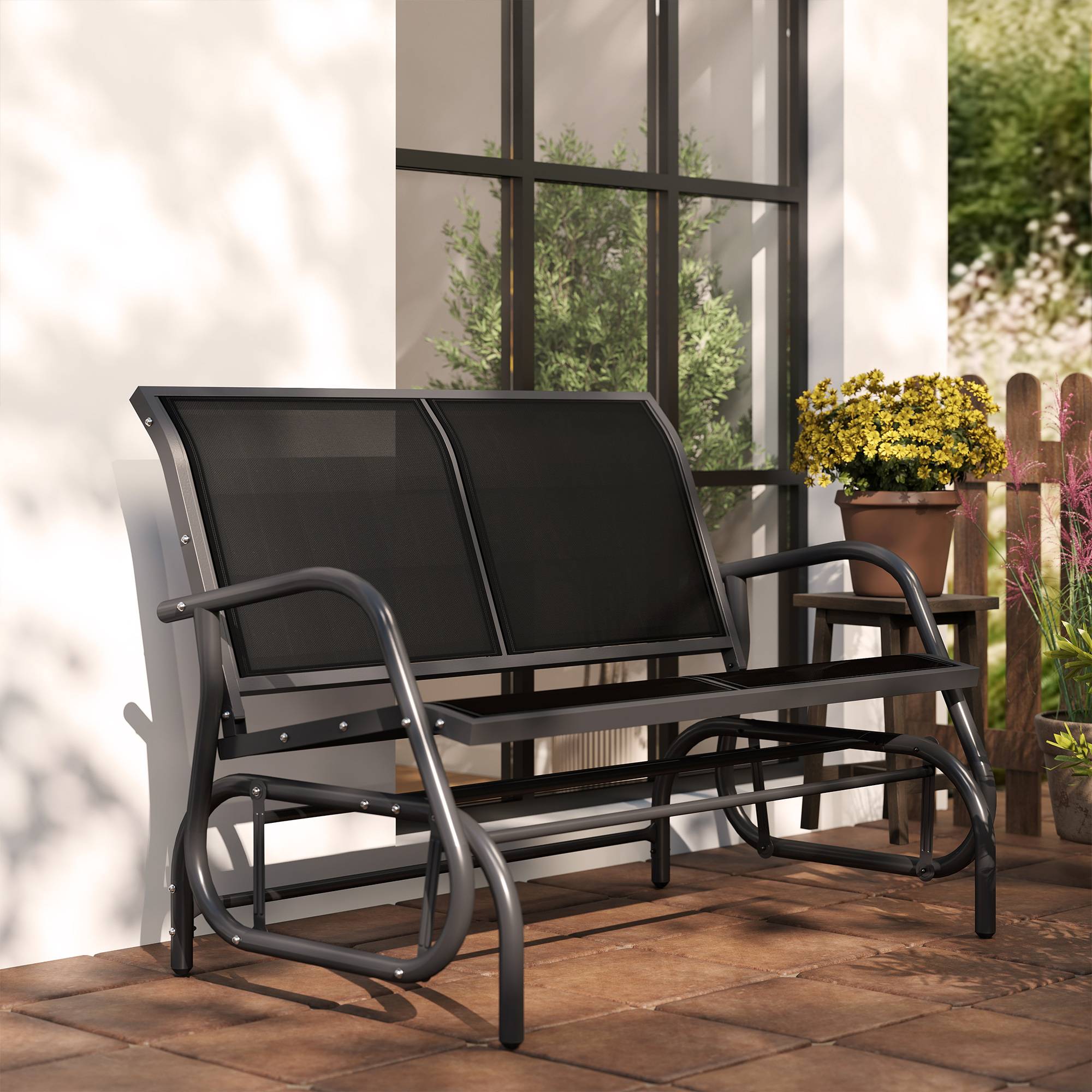 Banc à Bascule de Jardin 2 Places Design Contemporain Grand Confort accoudoirs Assise et Dossier Ergonomique métal textilène Noir - Image 10
