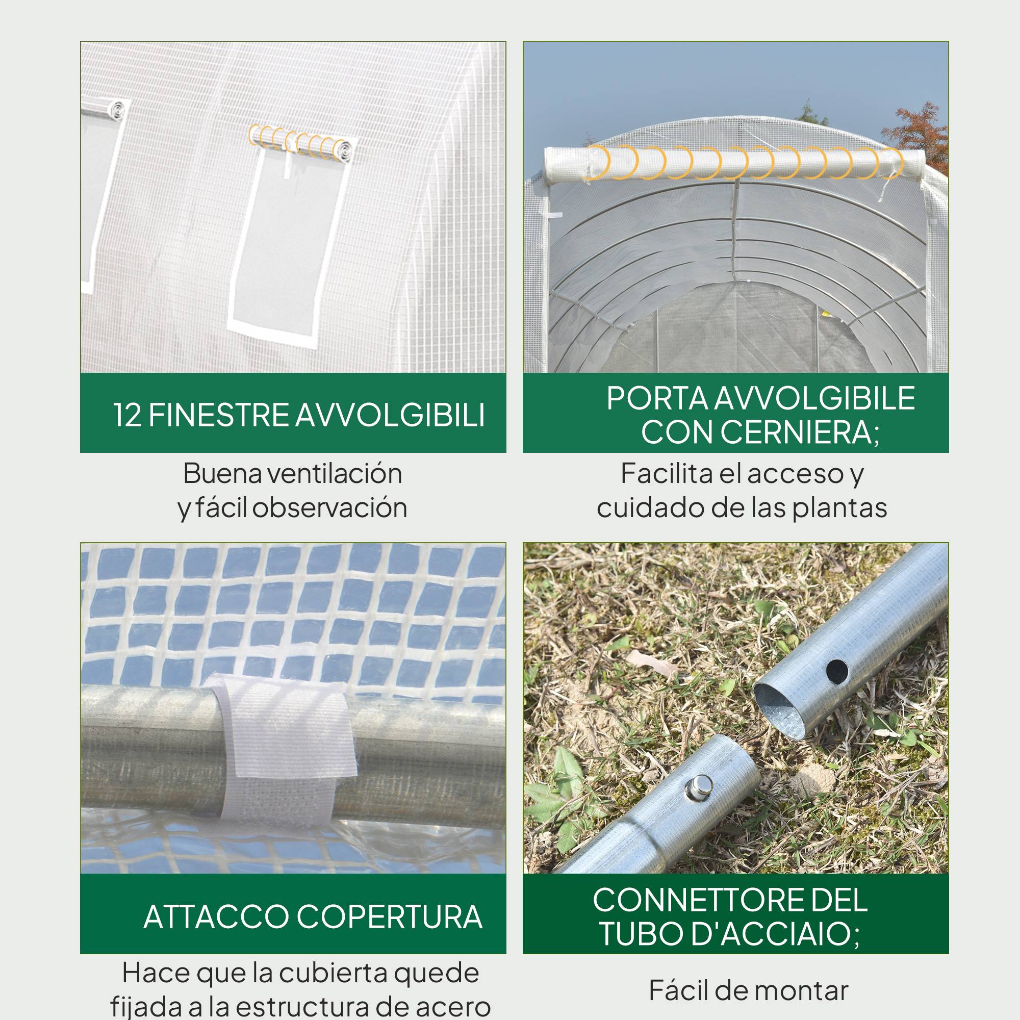 Serre Tunnel de Jardin 8 x 3 x 2 m avec 12 Fenêtres et Porte Enroulable, Structure Acier, PE 140 g/m², pour Légumes et Tomates, Blanc - Image 7