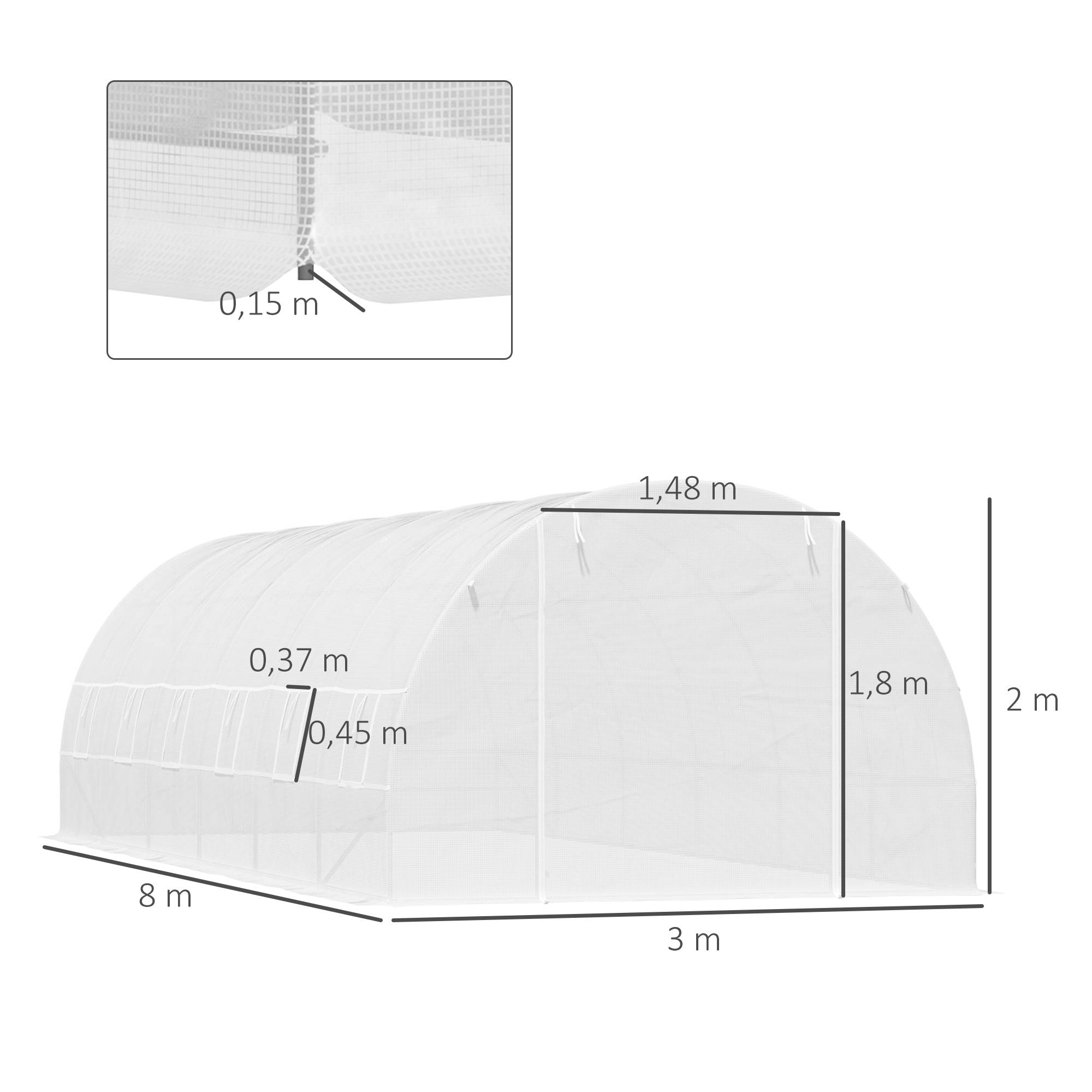 Serre Tunnel de Jardin 8 x 3 x 2 m avec 12 Fenêtres et Porte Enroulable, Structure Acier, PE 140 g/m², pour Légumes et Tomates, Blanc - Image 5