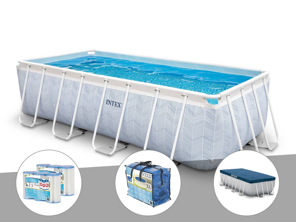 Kit piscine tubulaire Intex Chevron rectangulaire 4,00 x 2,00 x 1,00 m + 6 cartouches de filtration + Bâche à bulles + Bâche de protection - Imagen 1