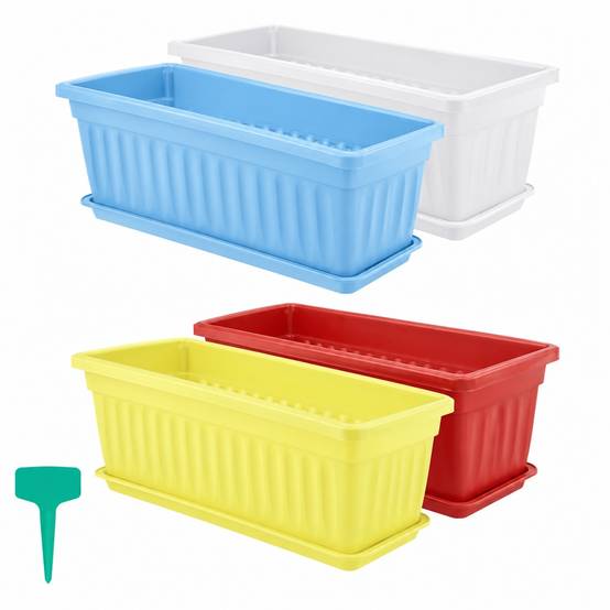 Lot de 4 Pots de Fleurs Rectangulaire Plastique Avec Soucoures Drainants pour Jardin Balcony Patio - Image 1
