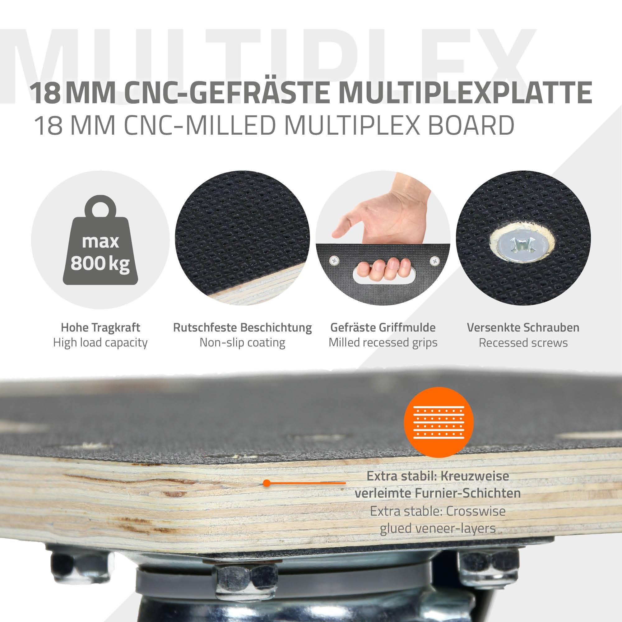 Ecd-Germany - Chariot de transport 60x80 cm capacité 800 kg plateau roulant contreplaqué surface antidérapante roulettes en PP idéal pour meubles et déménagement - Imagen 6