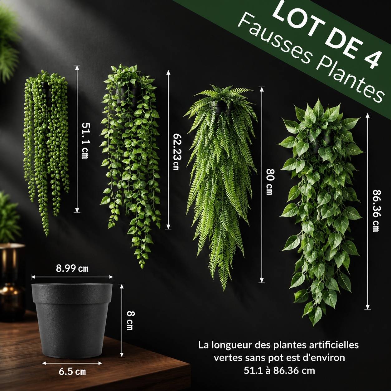 4 Pièces Plantes Artificielles Fausses Tombantes Pots Déco Intérieur Extérieur Sans Entretien - Image 3