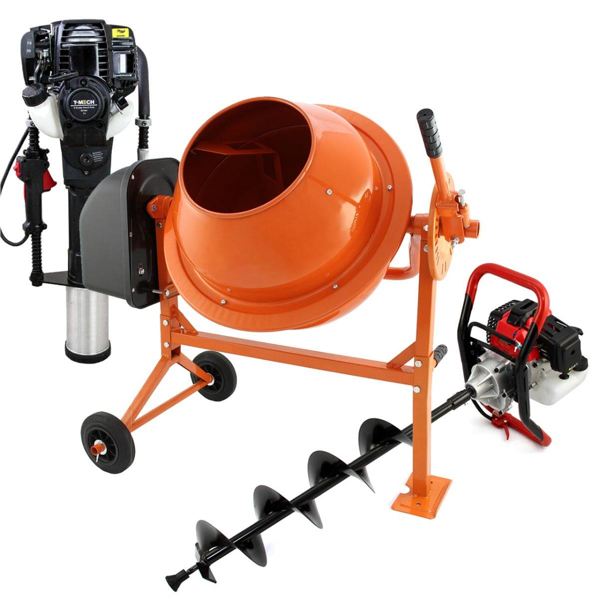Monstershop - Tarière T-Mech 52cc, Bétonnière & Enfonce Poteaux 120mm  Moteur à 4 temps - Image 1
