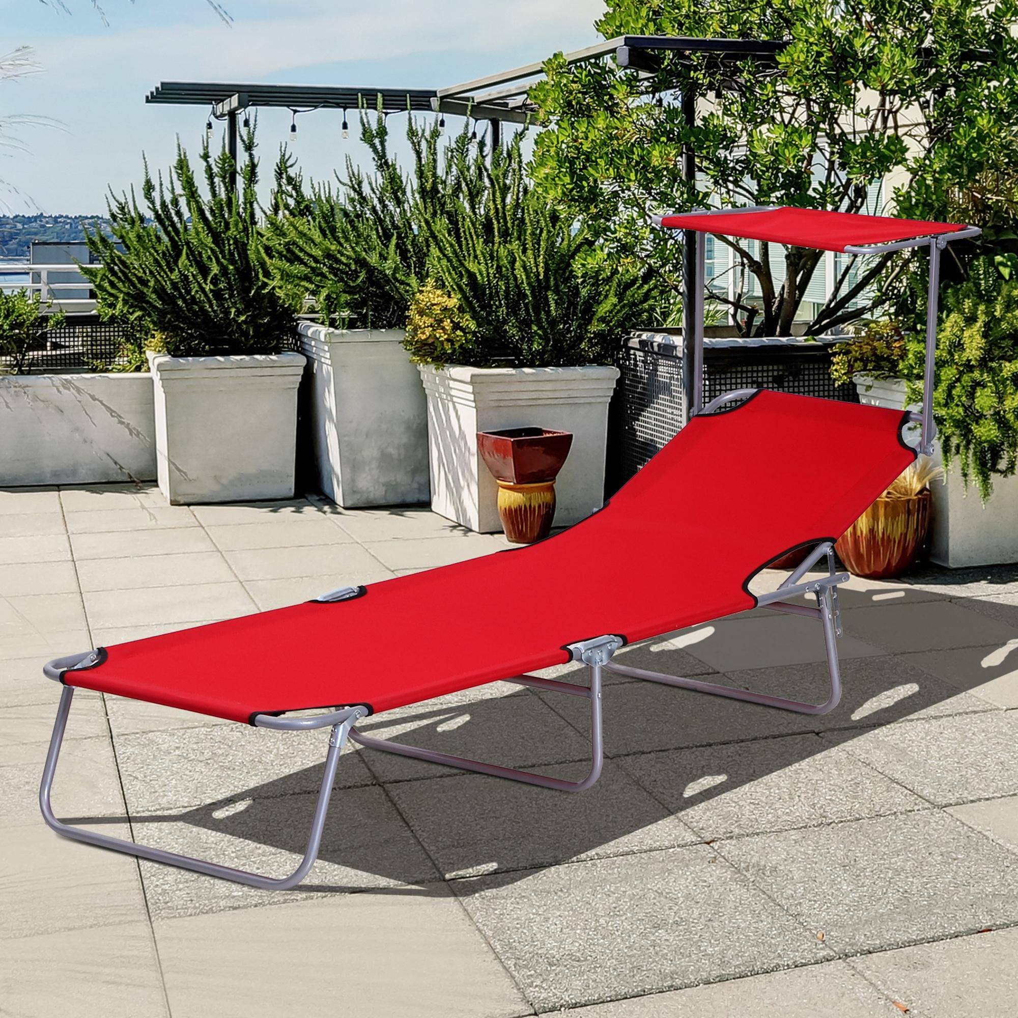 Transat pliant rouge avec auvent, chaise longue de jardin dossier réglable 4 positions, résistant intempéries, 120 kg - Image 4