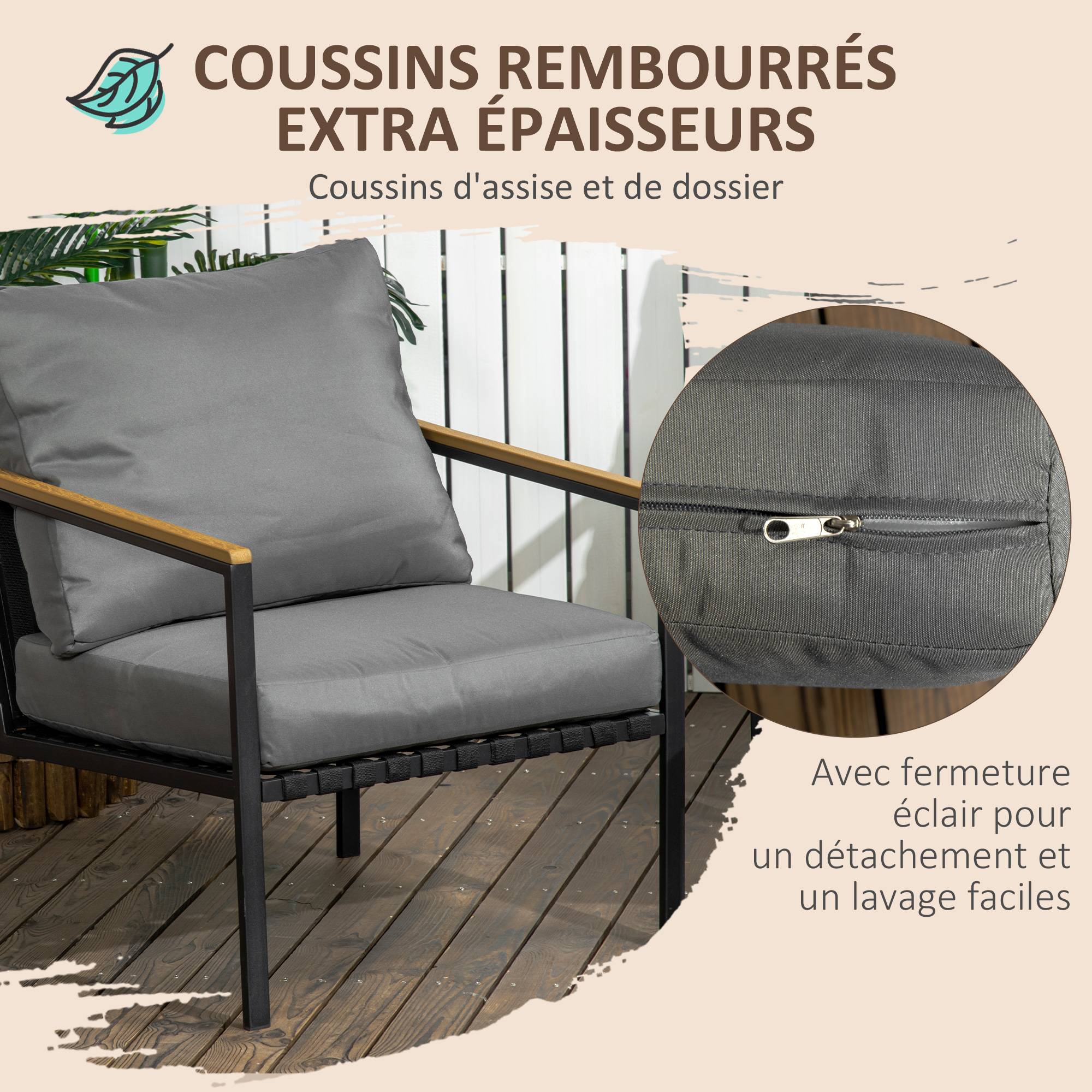 Outsunny - Ensemble salon de jardin design style colonial 4 places 4 pièces accoudoirs plateau aspect bois acier noir polyester gris - Outsunny - Imagen 5
