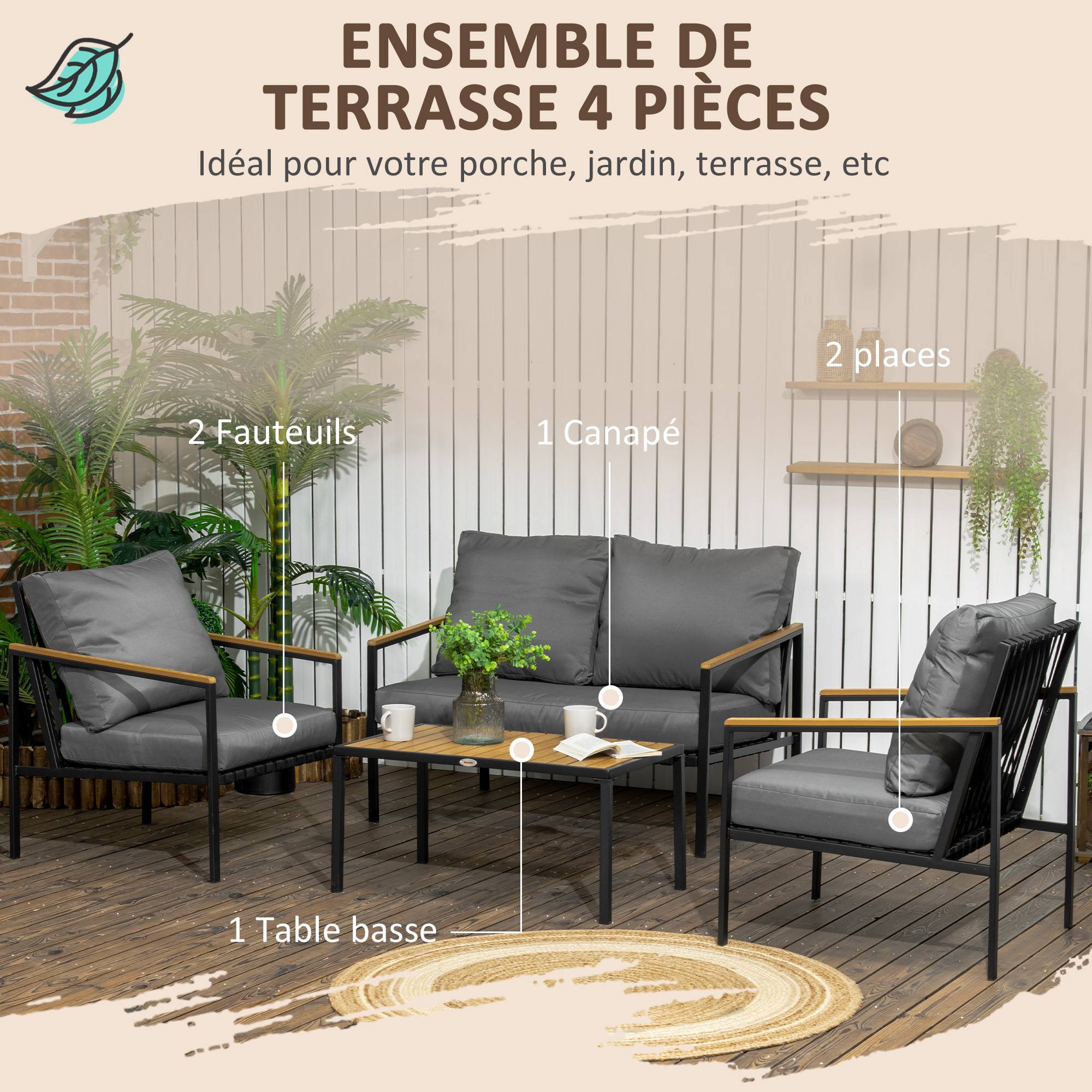 Outsunny - Ensemble salon de jardin design style colonial 4 places 4 pièces accoudoirs plateau aspect bois acier noir polyester gris - Outsunny - Imagen 4