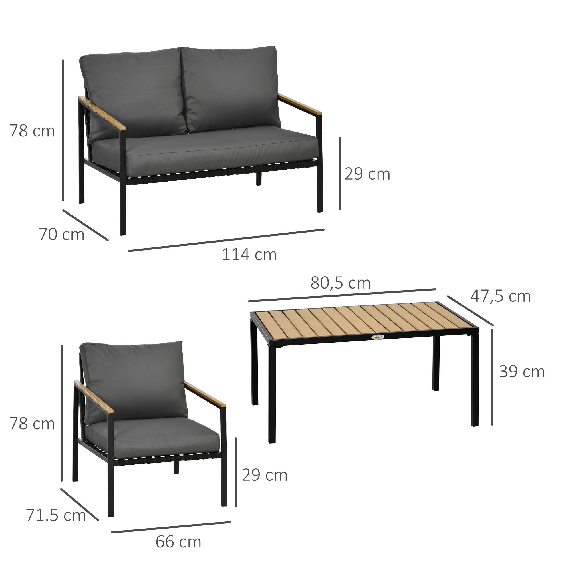 Outsunny - Ensemble salon de jardin design style colonial 4 places 4 pièces accoudoirs plateau aspect bois acier noir polyester gris - Outsunny - Imagen 3
