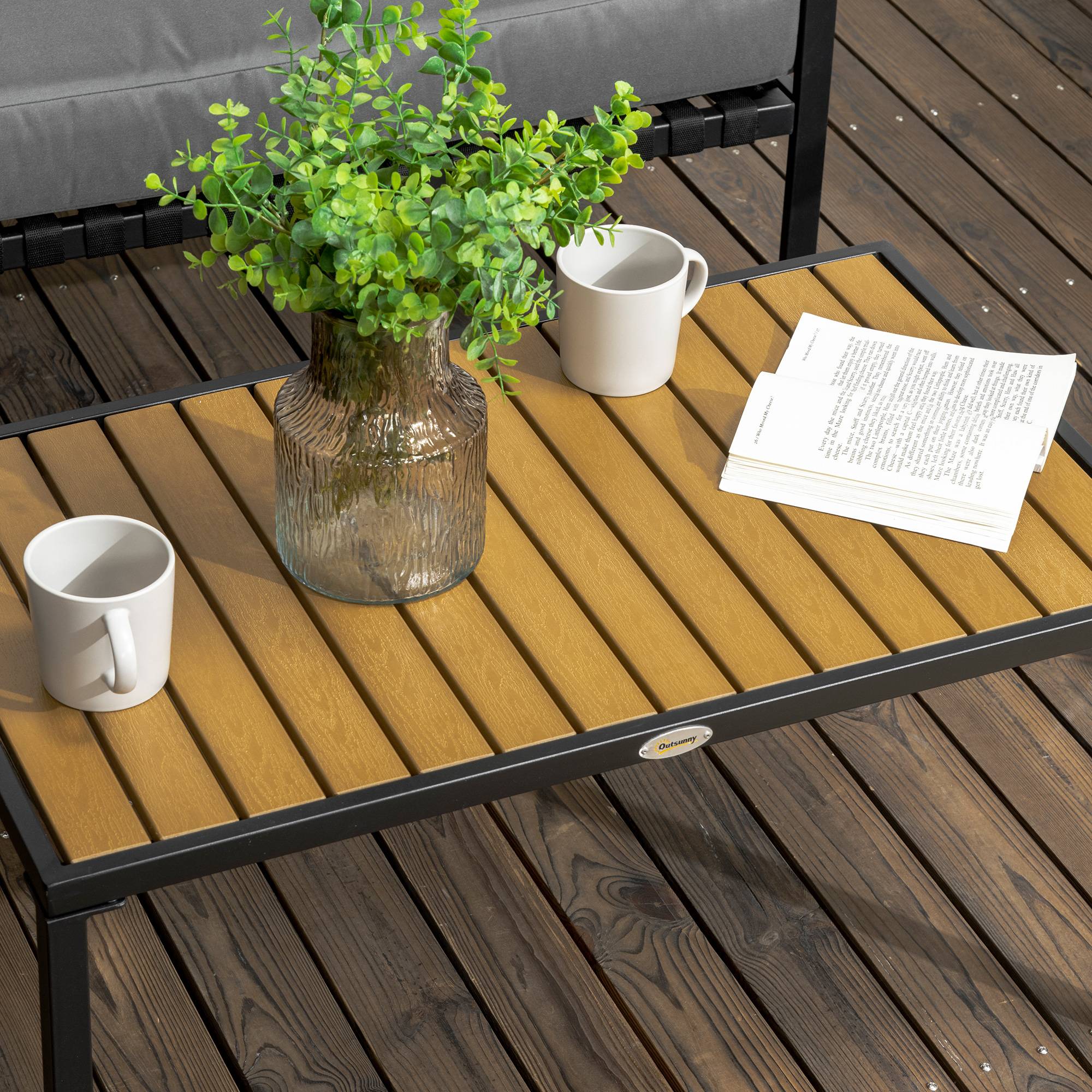 Outsunny - Ensemble salon de jardin design style colonial 4 places 4 pièces accoudoirs plateau aspect bois acier noir polyester gris - Outsunny - Imagen 7
