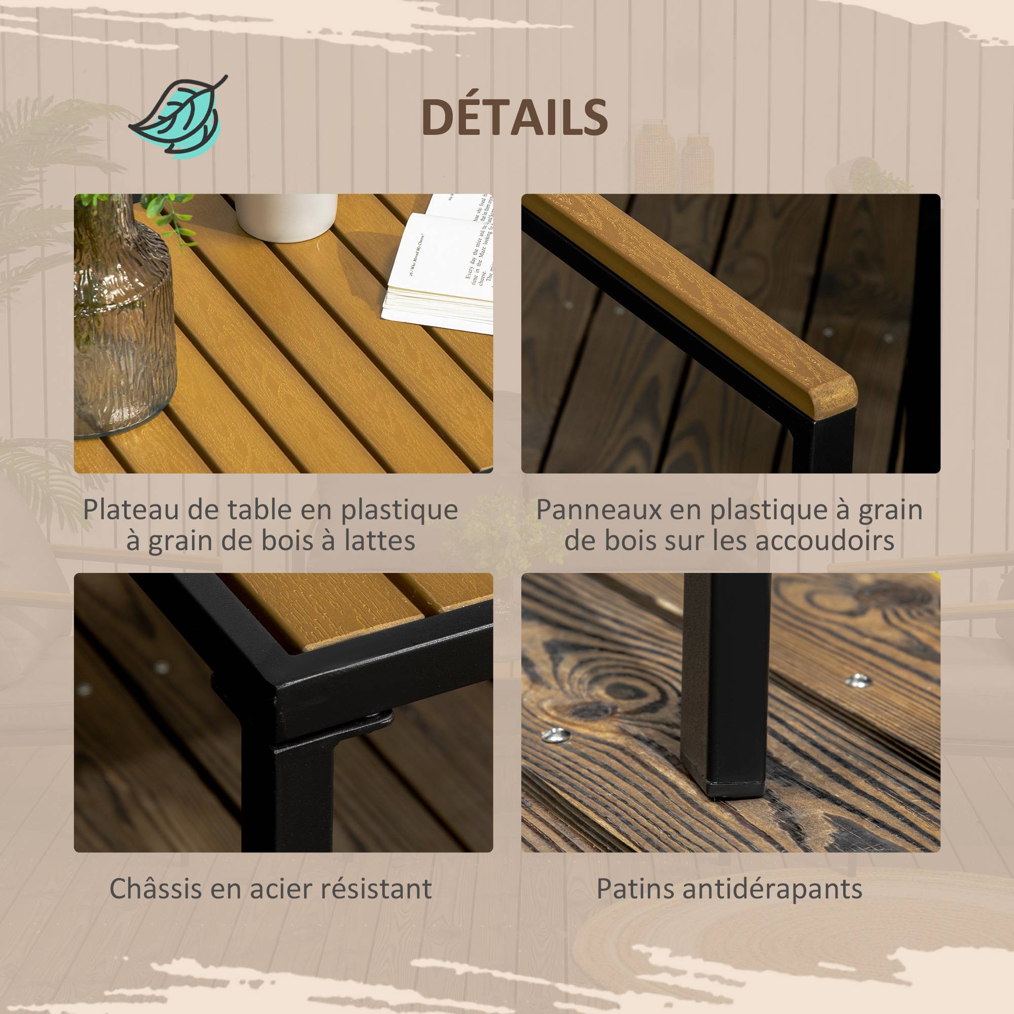 Outsunny - Ensemble salon de jardin design style colonial 4 places 4 pièces accoudoirs plateau aspect bois acier noir polyester gris - Outsunny - Imagen 6