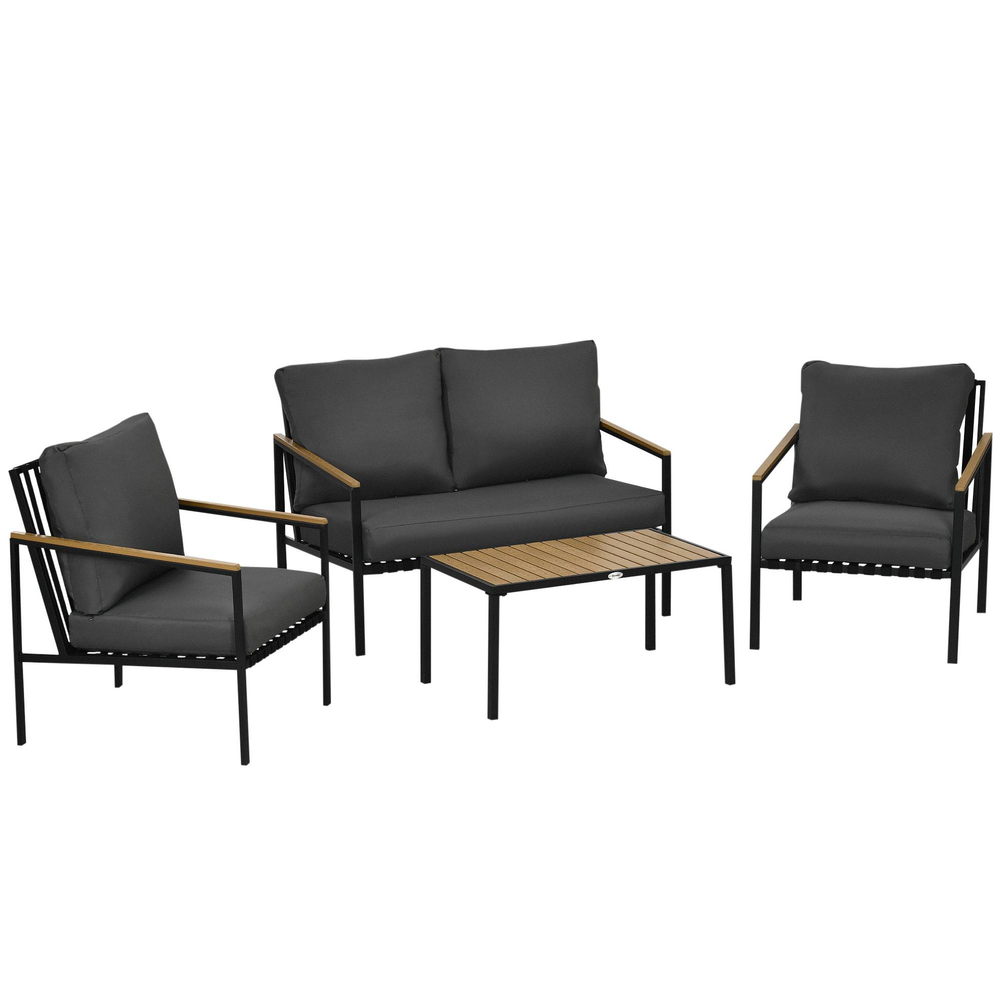 Outsunny - Ensemble salon de jardin design style colonial 4 places 4 pièces accoudoirs plateau aspect bois acier noir polyester gris - Outsunny - Imagen 1
