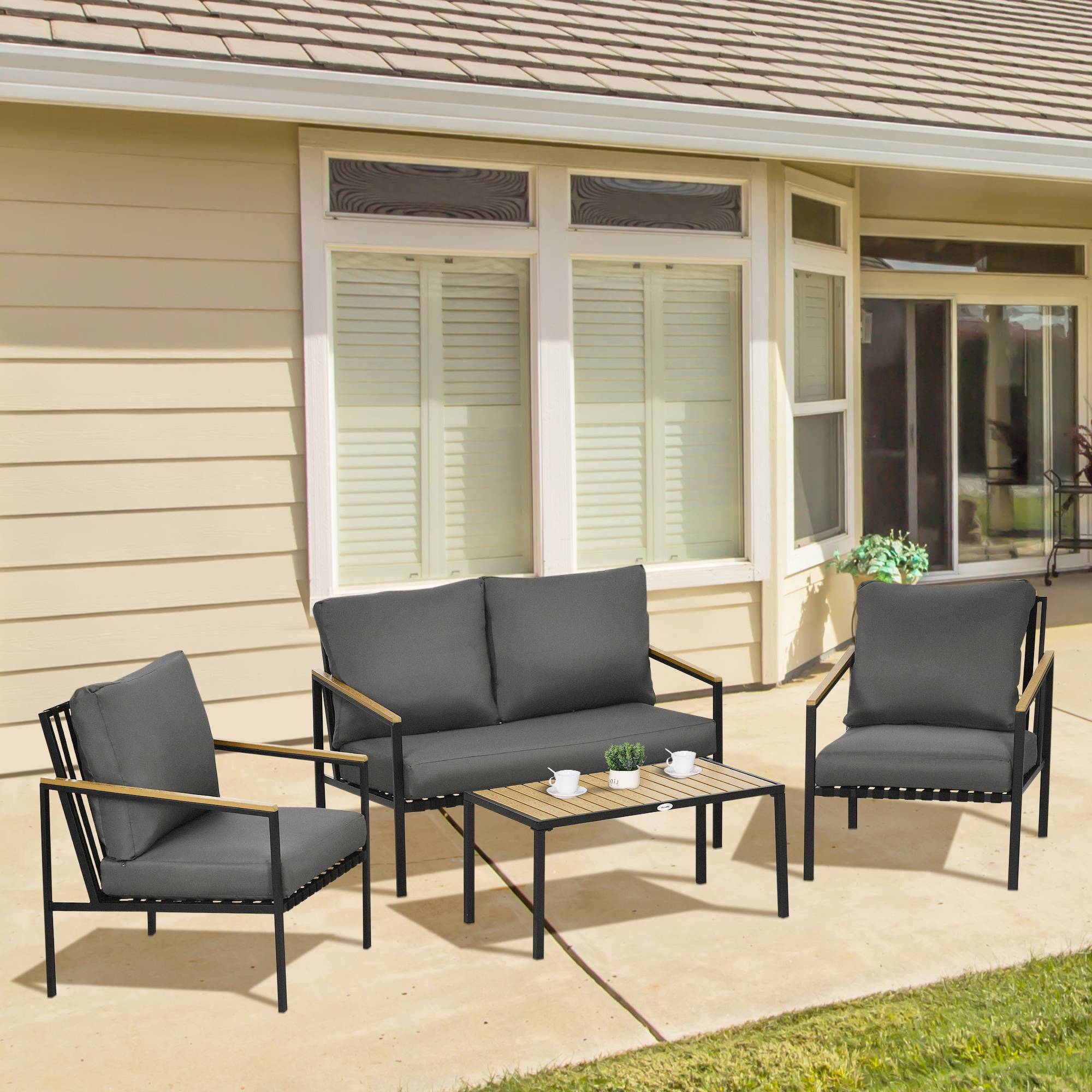 Outsunny - Ensemble salon de jardin design style colonial 4 places 4 pièces accoudoirs plateau aspect bois acier noir polyester gris - Outsunny - Imagen 2