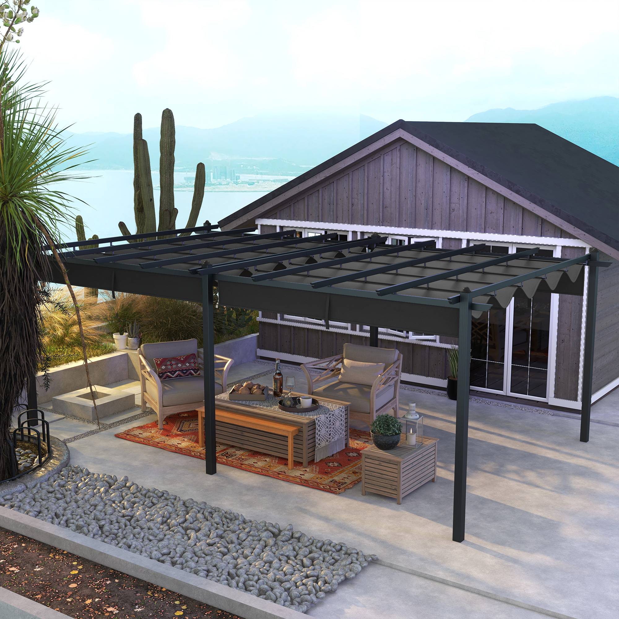 Pergola rétractable aluminium pour terrasse aménagement extérieur 597x358cm Gris foncé - ComfortXL Outdoor Living - Image 4