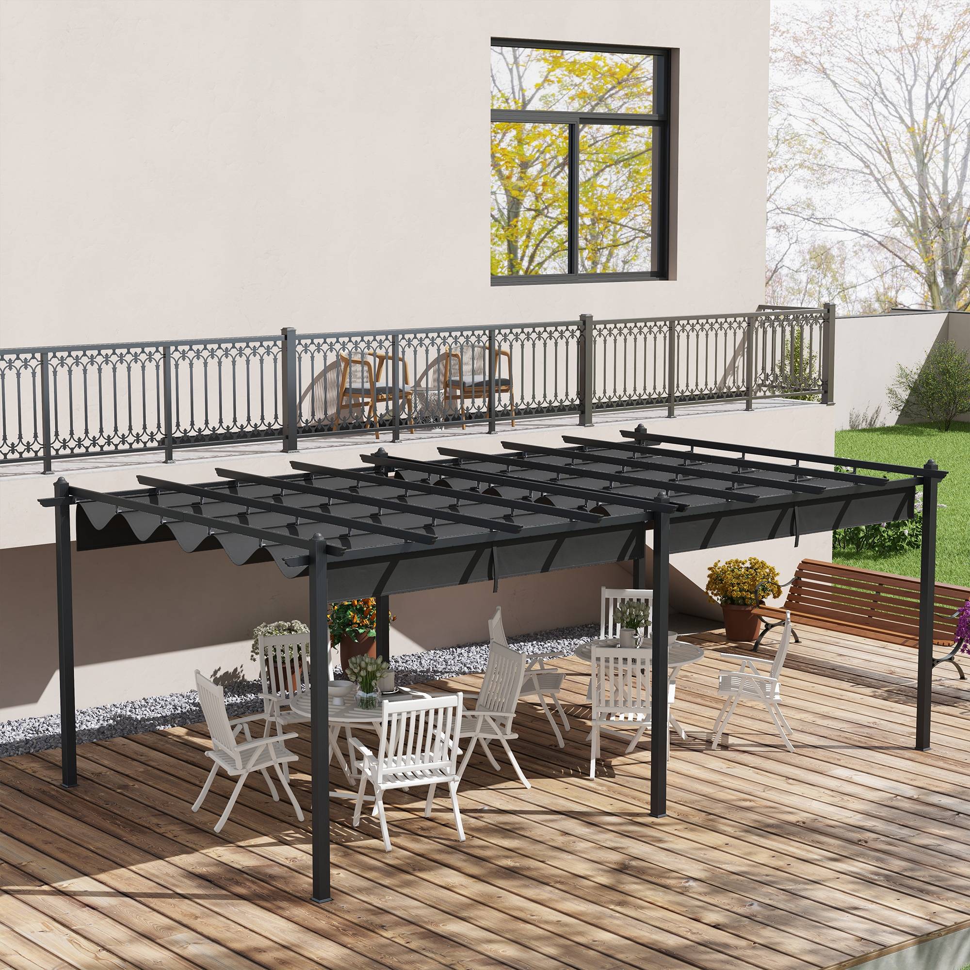 Pergola rétractable aluminium pour terrasse aménagement extérieur 597x358cm Gris foncé - ComfortXL Outdoor Living - Image 3