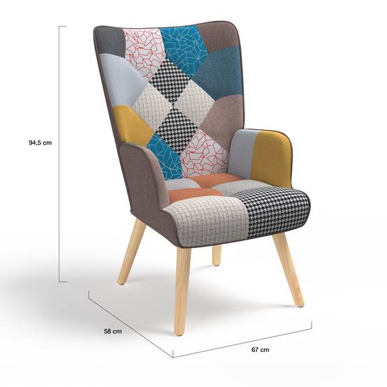 Fauteuil scandinave IVAR en tissu patchwork multicouleurs - Image 5