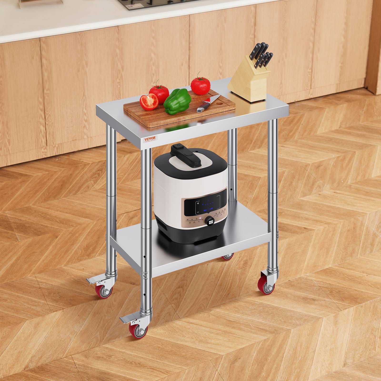 VEVOR Table travail cuisine inox 76x46x86cm avec roulettes/freins, charge 100kg, pour hôtels, restaurants. - Image 8