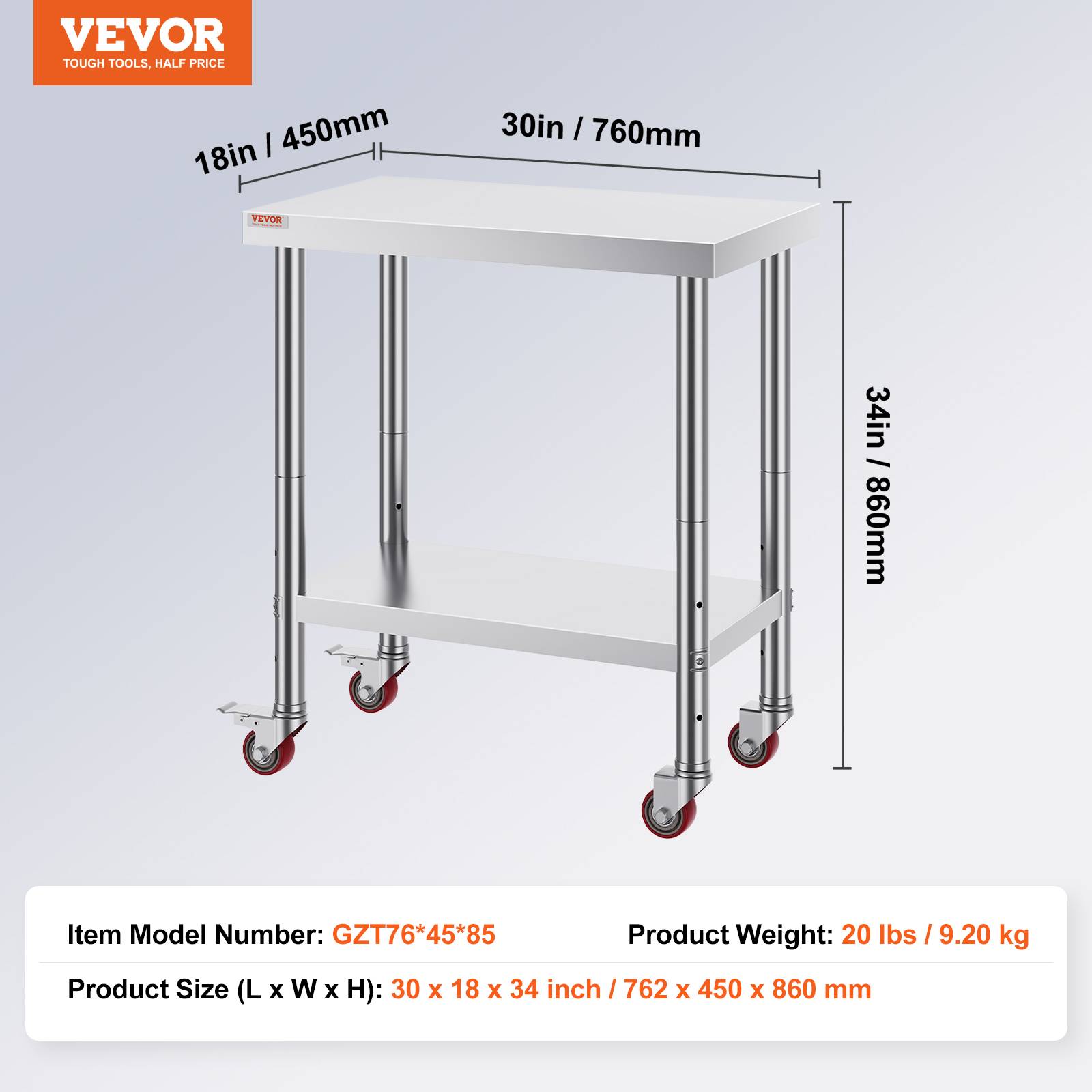 VEVOR Table travail cuisine inox 76x46x86cm avec roulettes/freins, charge 100kg, pour hôtels, restaurants. - Image 7