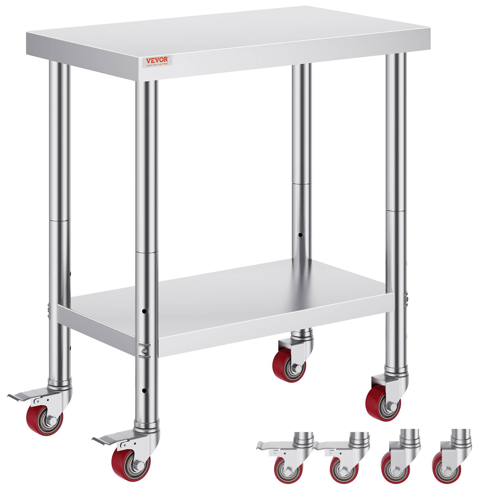 VEVOR Table travail cuisine inox 76x46x86cm avec roulettes/freins, charge 100kg, pour hôtels, restaurants. - Image 1