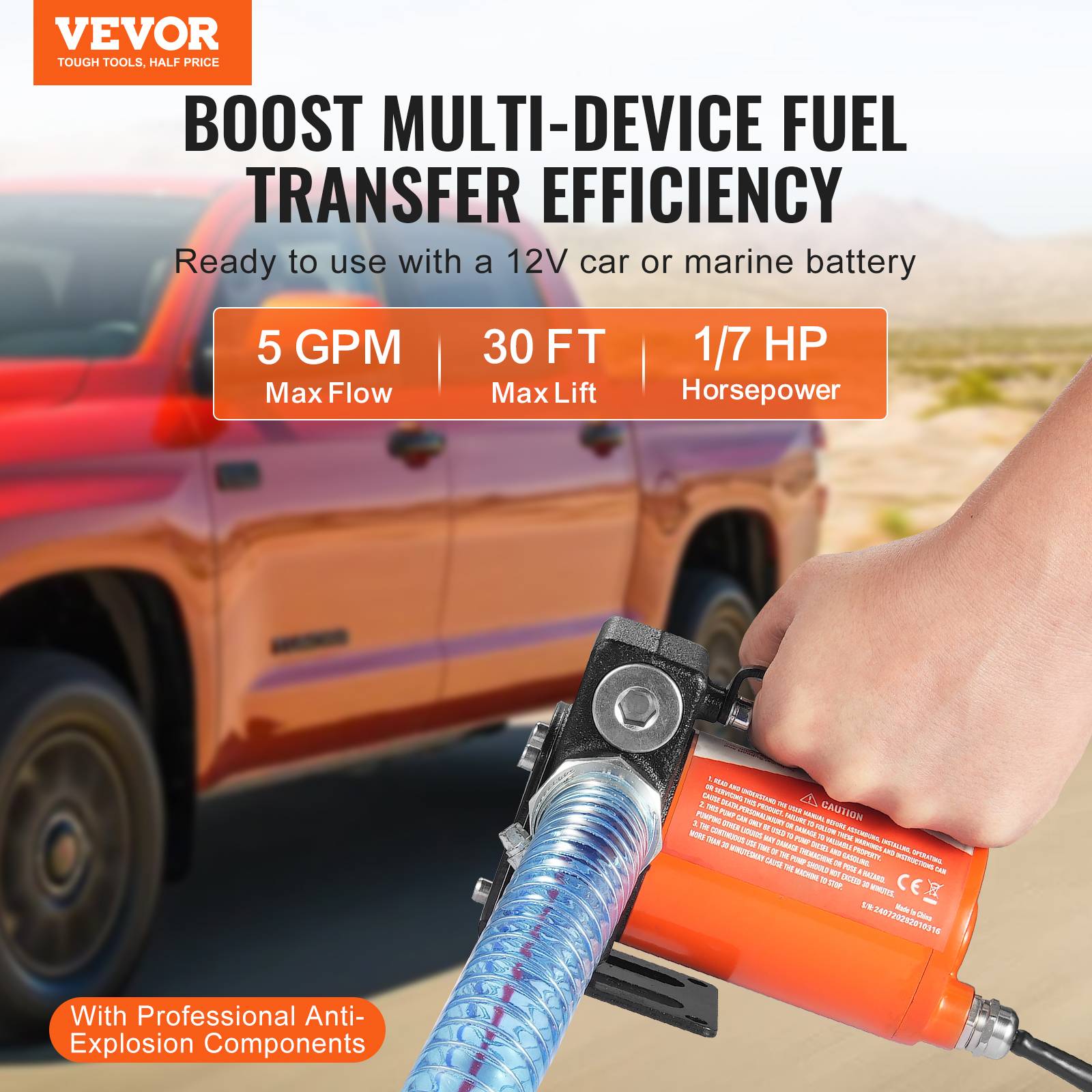 VEVOR Pompe de transfert 12V, 5.3 GPM, 1/10 HP, portable, buse auto-arrêt, multi-carburants. - Image 2