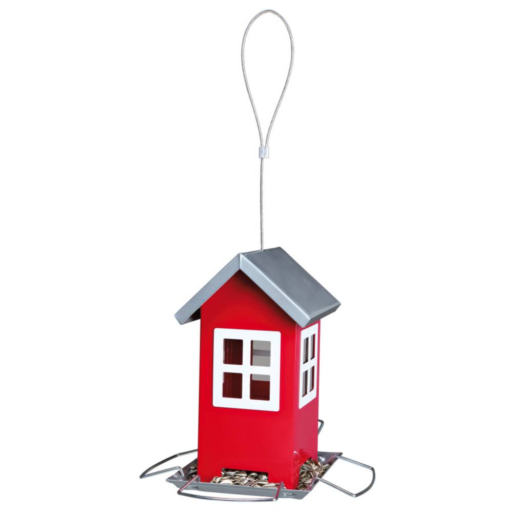 Mangeoire maisonnette rouge à suspendre hauteur 19 cm, pour graines oiseaux. - Imagen 1