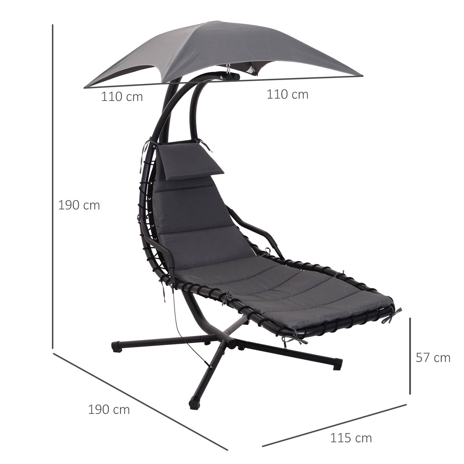Outsunny - Bain de soleil transat suspendu avec pare-soleil et matelas design contemporain 190L x 115l x 190H cm acier polyester gris foncé noir - Outsunny - Image 3
