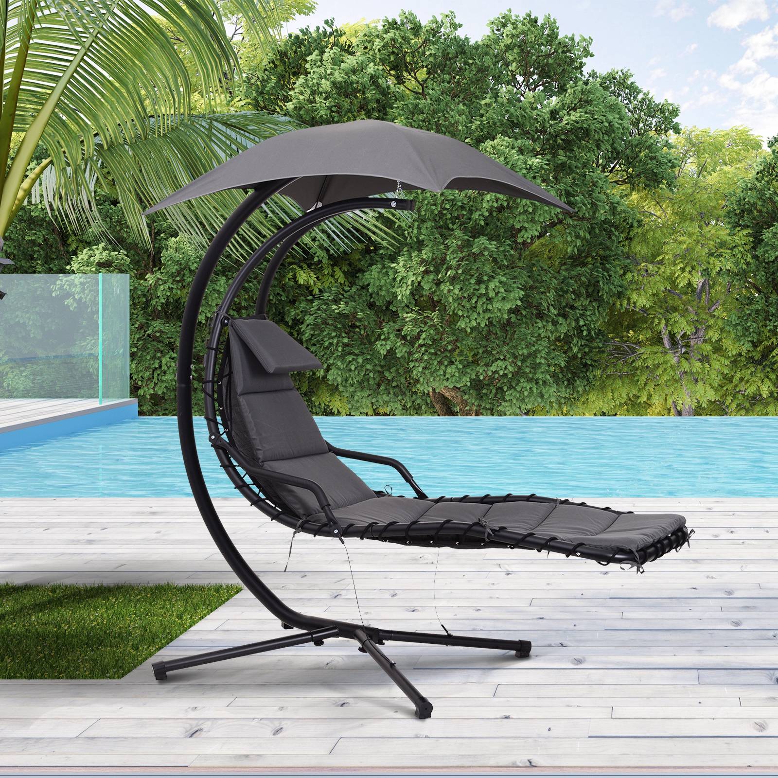 Outsunny - Bain de soleil transat suspendu avec pare-soleil et matelas design contemporain 190L x 115l x 190H cm acier polyester gris foncé noir - Outsunny - Image 2