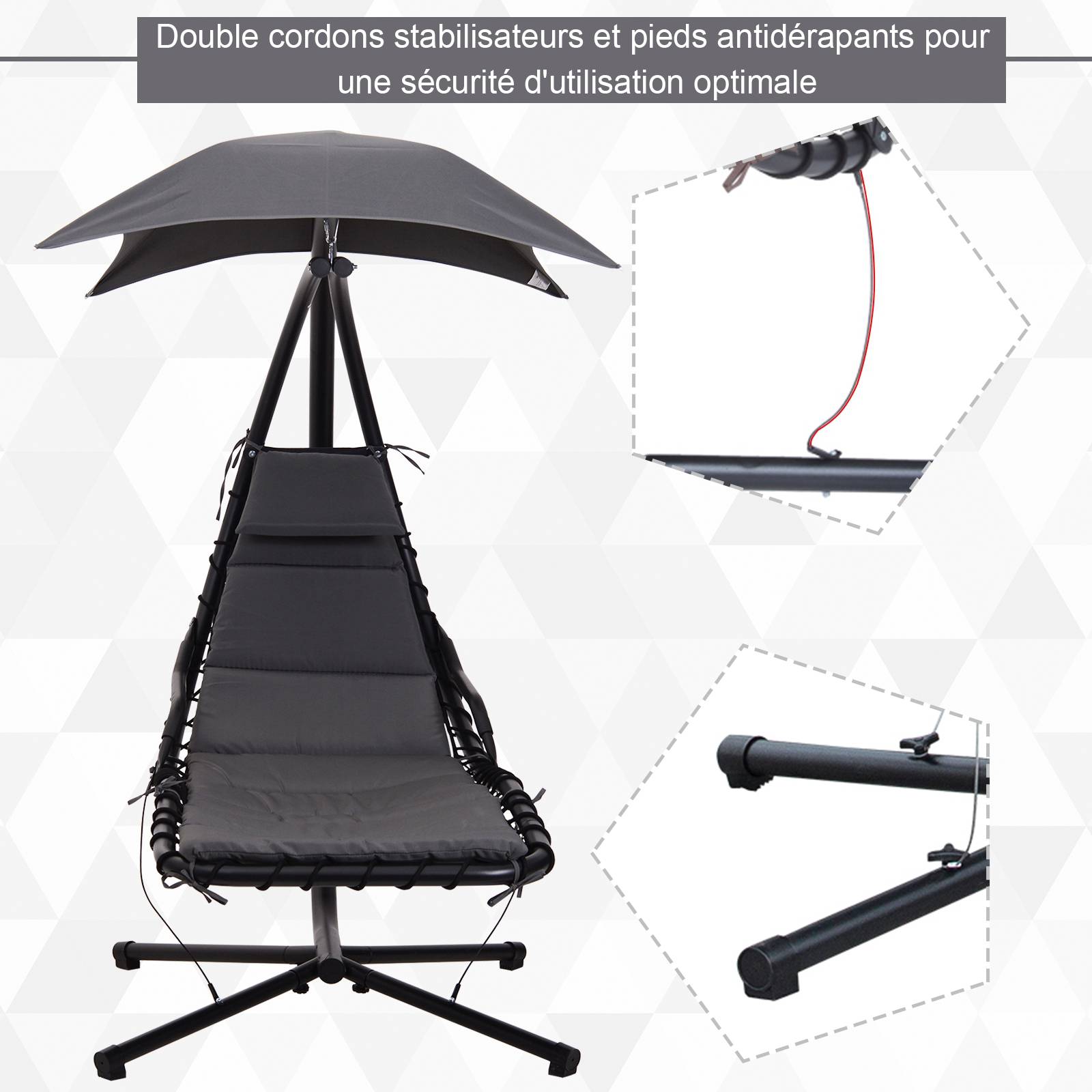Outsunny - Bain de soleil transat suspendu avec pare-soleil et matelas design contemporain 190L x 115l x 190H cm acier polyester gris foncé noir - Outsunny - Image 7
