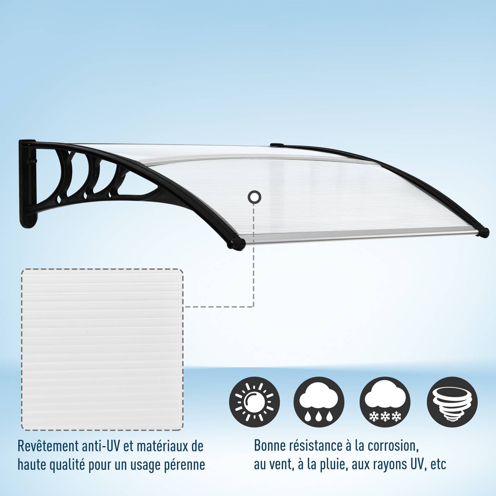 Outsunny - Auvent marquise de porte design voûté arrondi dim. 100L x 80l x 23H cm polycarbonate plastique noir - Outsunny - Imagen 4
