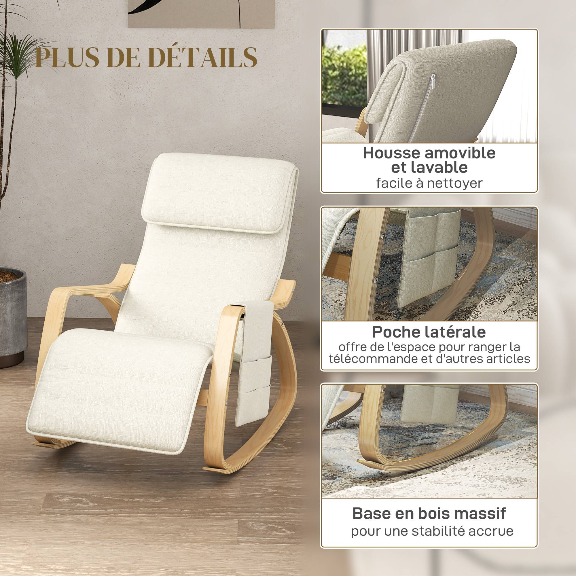 Fauteuil relax à bascule fauteuil allaitement avec repose-pieds réglable, poche latérale et appui-tête, blanc crème - Image 8