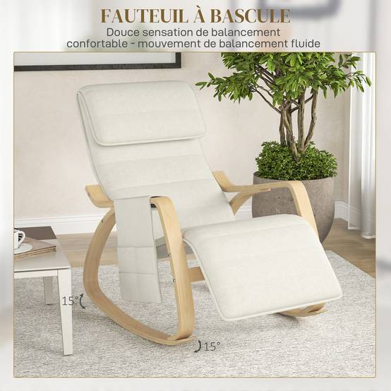 Fauteuil relax à bascule fauteuil allaitement avec repose-pieds réglable, poche latérale et appui-tête, blanc crème - Image 6