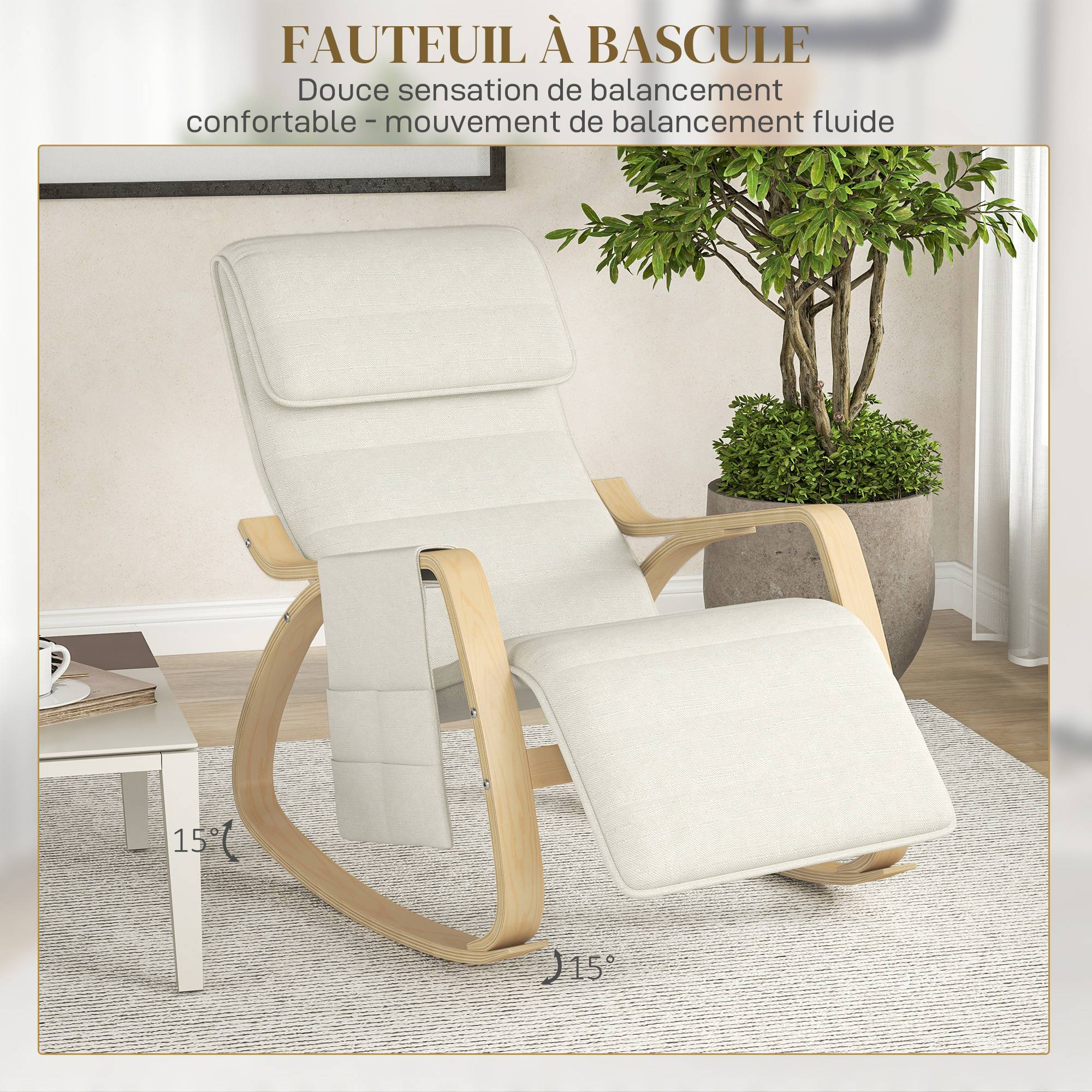 Fauteuil relax à bascule fauteuil allaitement avec repose-pieds réglable, poche latérale et appui-tête, blanc crème - Image 6