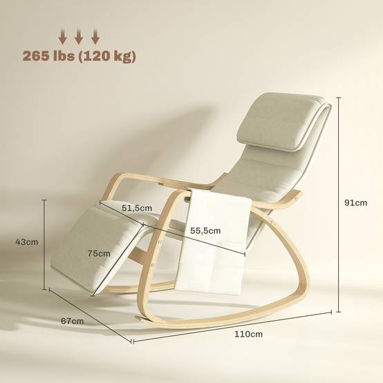 Fauteuil relax à bascule fauteuil allaitement avec repose-pieds réglable, poche latérale et appui-tête, blanc crème - Image 5